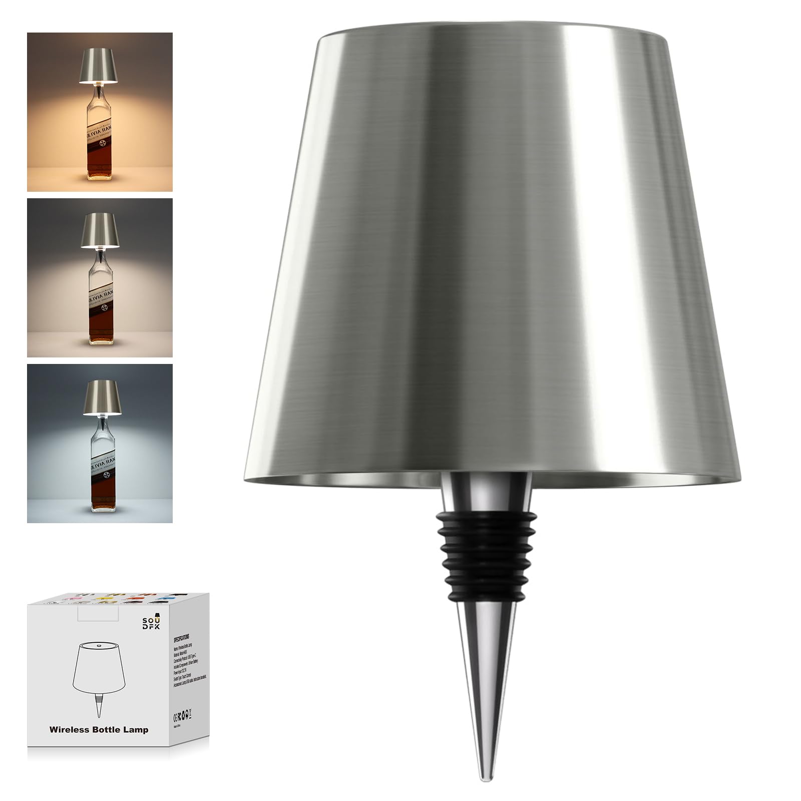 Wireless Bottle Lamp, 2025 New 3 Color Rechargeable Wine Bottle Lights for Bars Restaurants (Silver, 1PC)