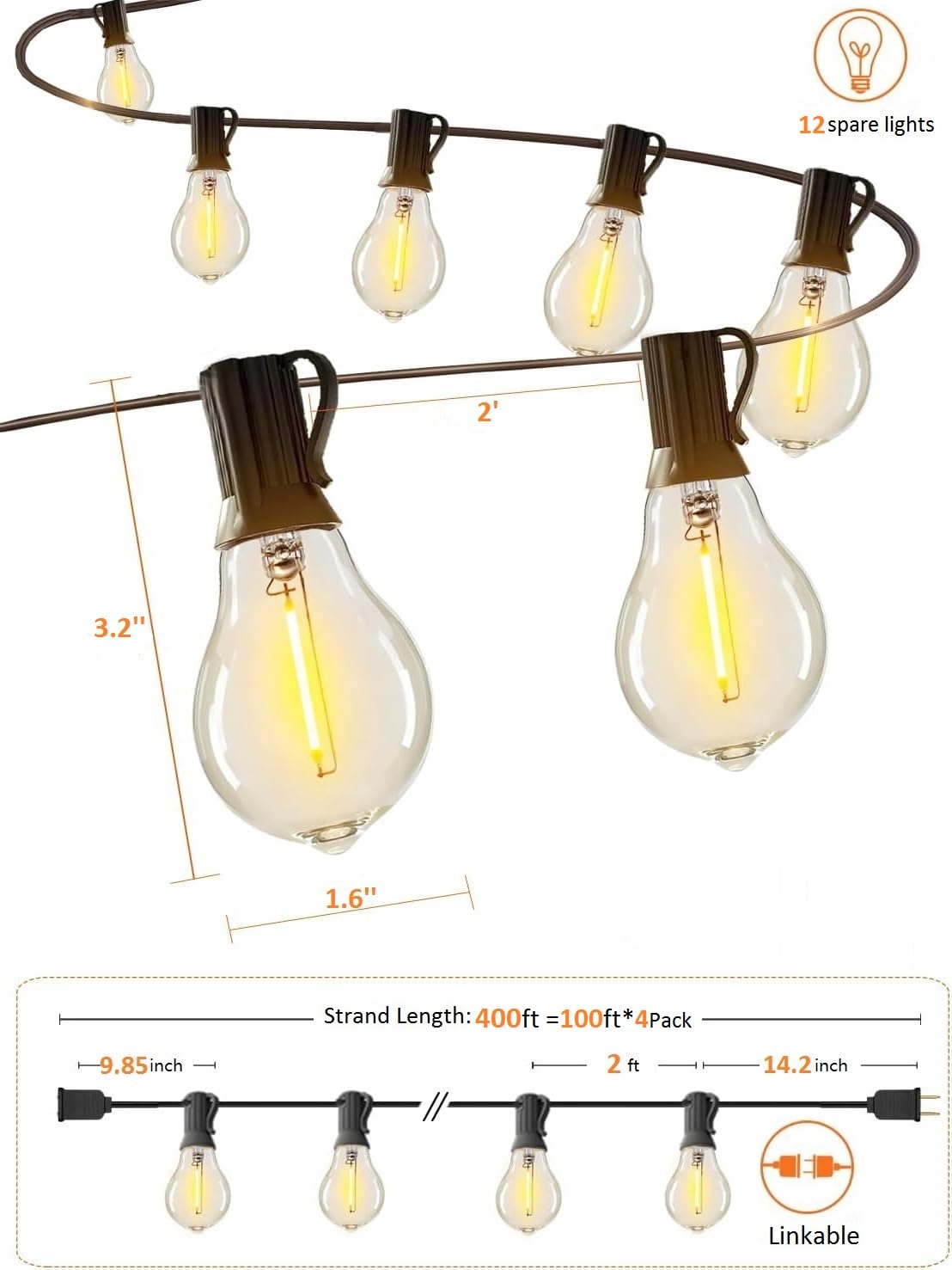 Meidaoduo Outdoor String Lights, 400FT Waterproof, 2200K A39 Warm Yellow Bulbs, Model US200100-TX20B0-A39R122, 4Pack