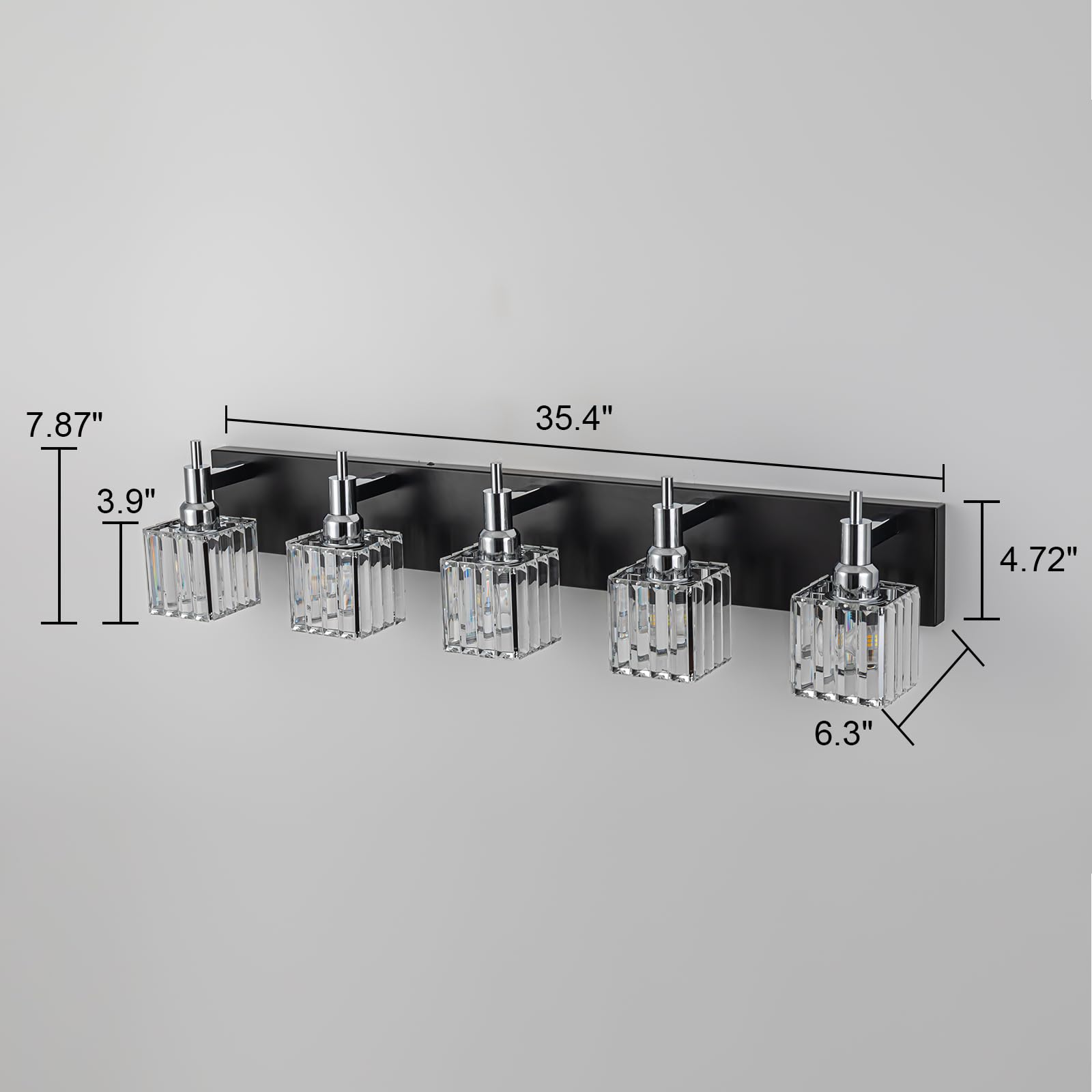 HUOKU Bathroom Vanity Lights, 5-Light Modern Crystal Wall Light, Black Chrome with Square Shade, Metal and Crystal