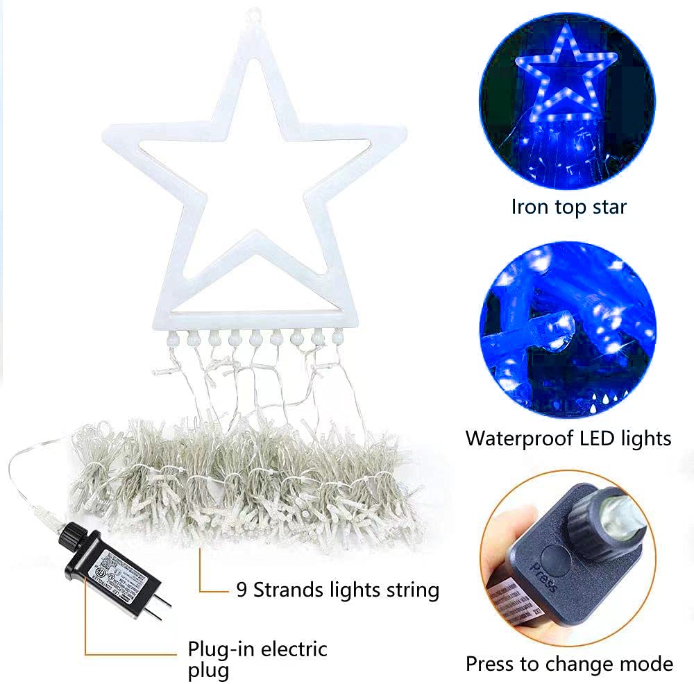 DINGFU Christmas Tree Lights, 11.5 ft, 317 LED, 8 Lighting Modes, Timer, Outdoor Decorations, Blue, Model YLC317BD01