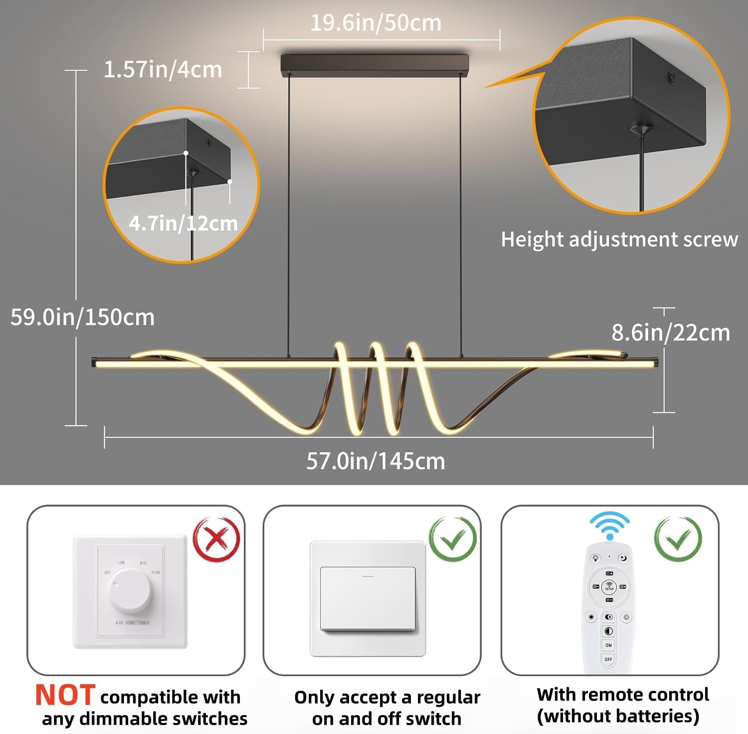 Zihoi Modern LED Pendant Light, Dimmable Chandelier with Remote, 57in Black Aluminum Fixture for Kitchen & Dining Room