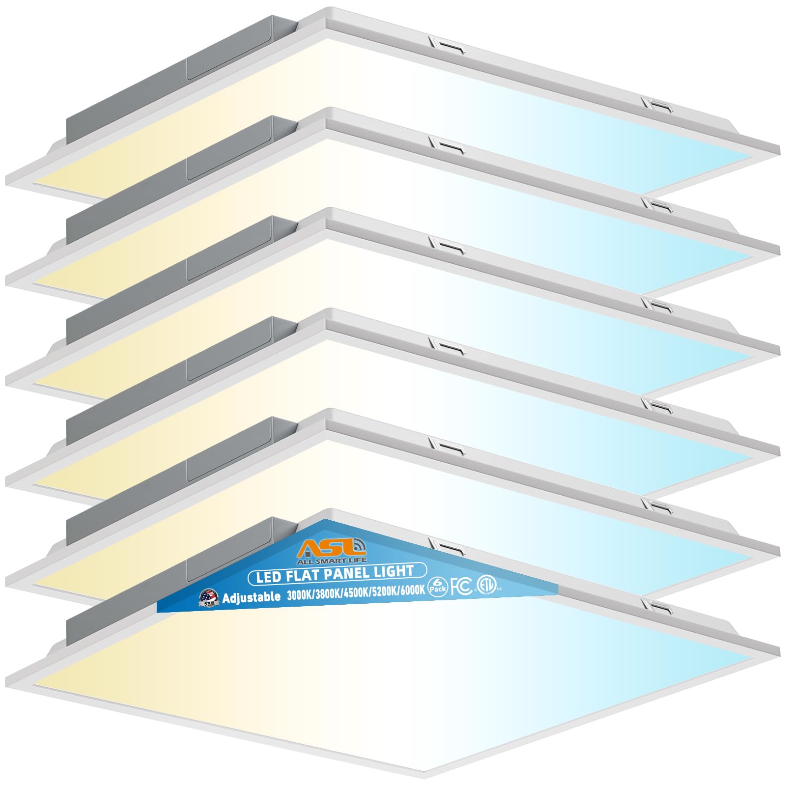 Allsmartlife 2x2 LED Flat Panel Lights for Drop Ceiling 6-Pack  40W/4998LM Triac Dimmable  5CCT 3000K-3800K-4500K-5000K-6000K  IP42  2Ftx2Ft Back-Lit Recessed Troffer Light Fixtures  ETL