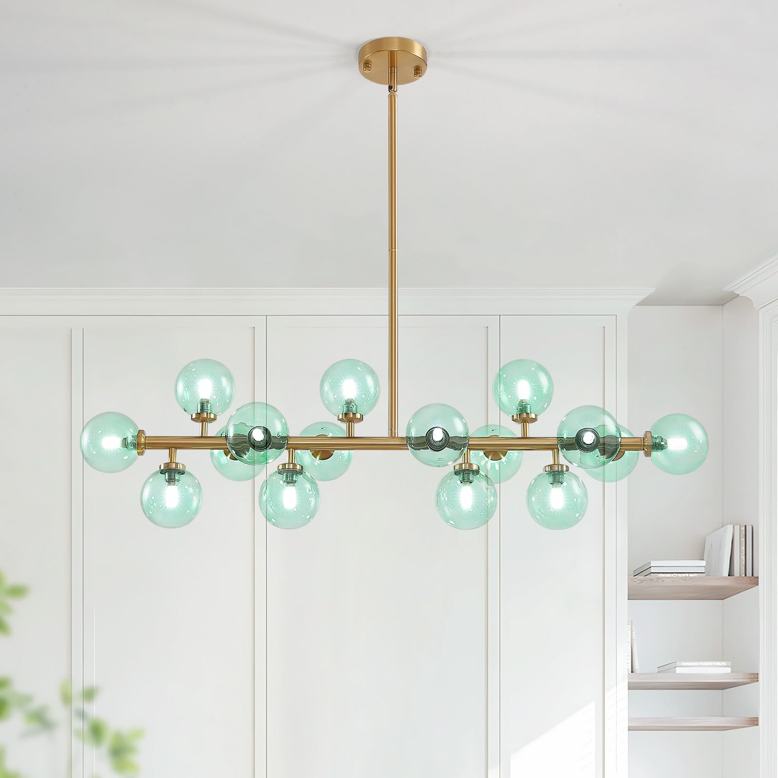 CROSSIO Mid Century Modern Gold Chandelier with Green Glass Rectangle Pendant Fixtures Linear Sputnik Chandeliers for Kitchen Is