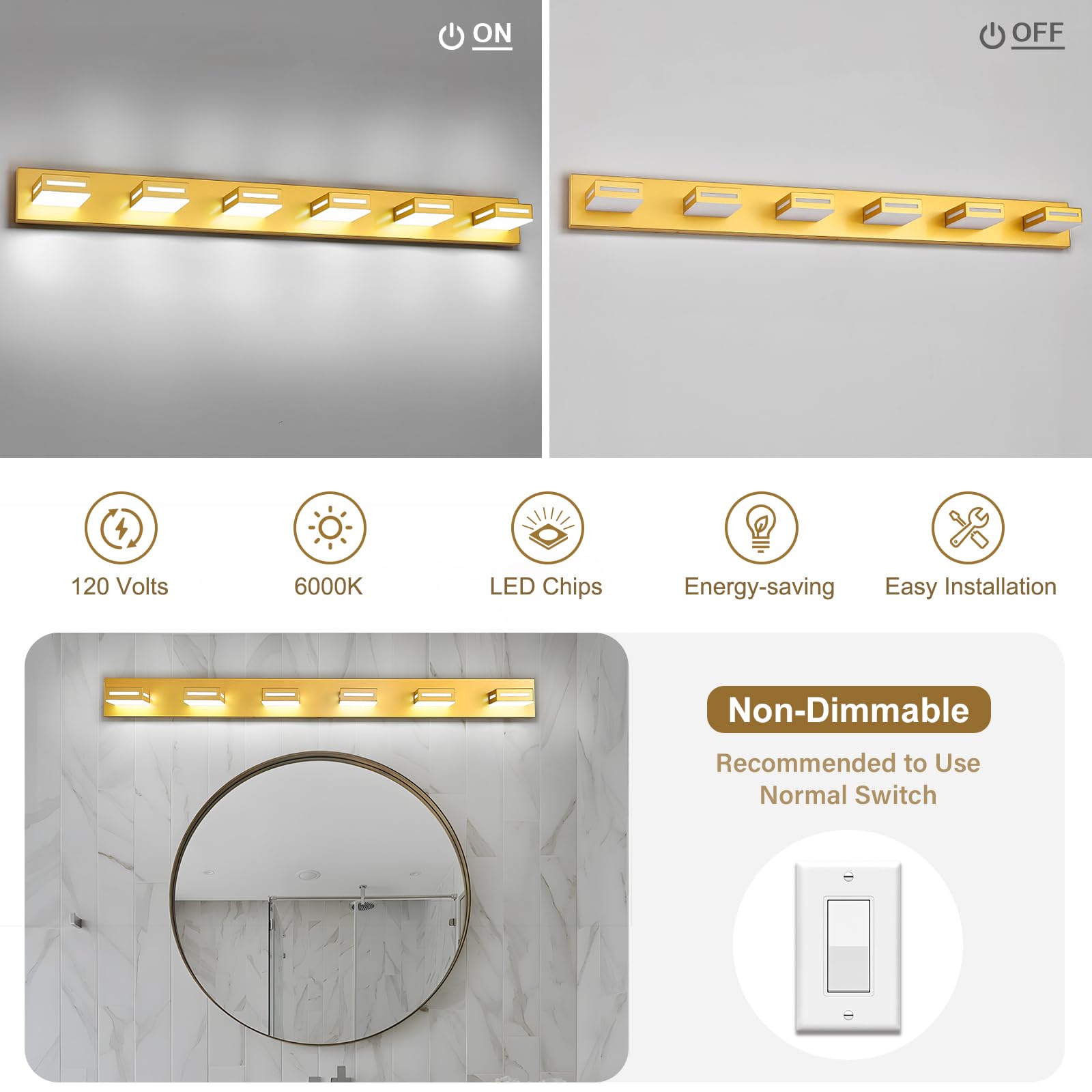 Donrao 48-Inch 6-Light Led Modern Gold Bathroom Vanity Light Fixtures Over Mirror  Bathroom Lighting Fixtures With Cool White 6000K  Vanity Wall Lights For Bath Restroom Powder Room