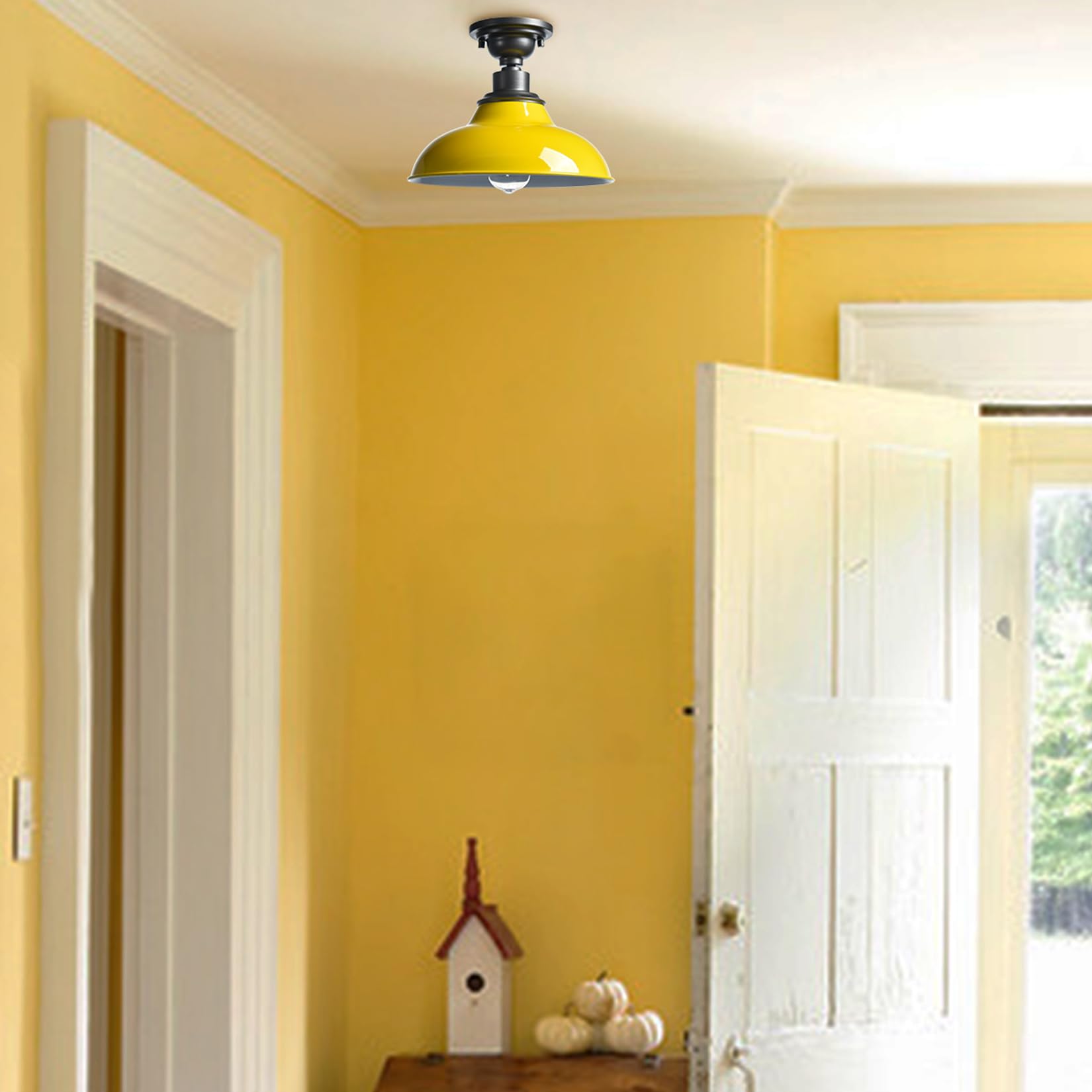 Samteen Industrial Semi Flush Mount Ceiling Light 1-Light Barn Light Fixture Ceiling 12-Inch Farmhouse Ceiling Light For Hallway Entryway Staircase Kitchen, Yellow Finish