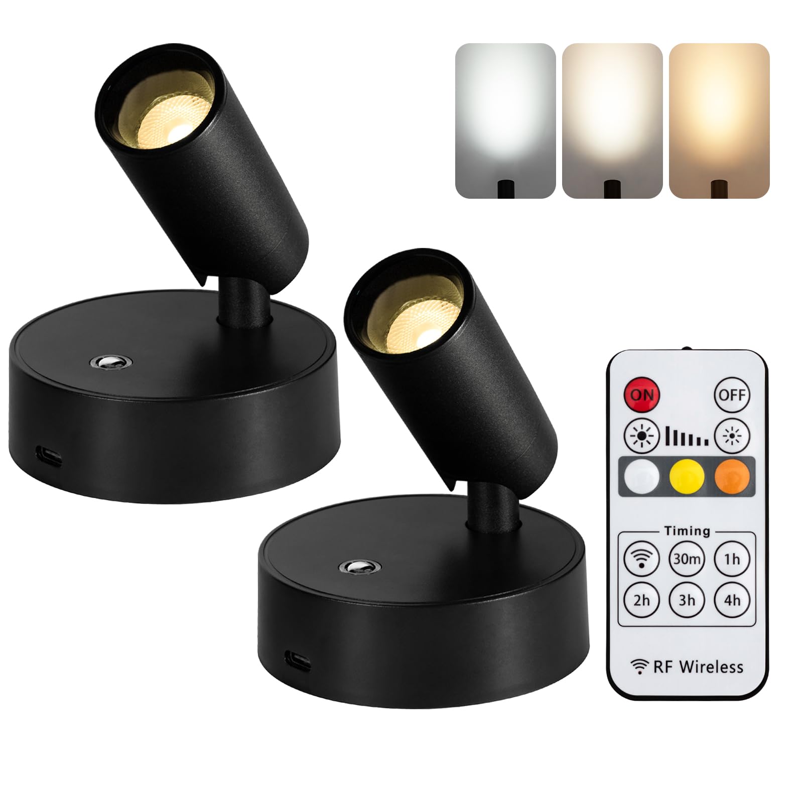 Oteedo 2 Pack Wireless Spotlights Indoor With Remote Up Lights Indoor Picture Light Battery Operated Spot Lights With 3 Color Dimmable Uplighting Indoor Stick On Wall Light For Plant Artwork Black
