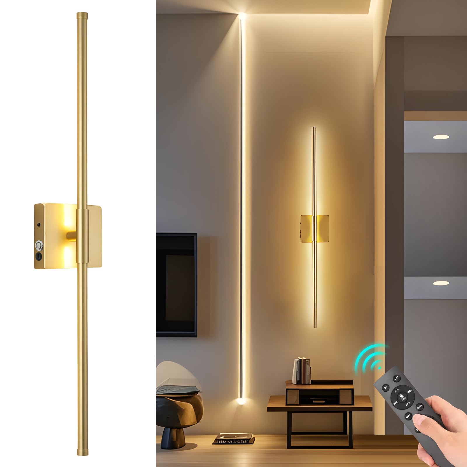 JEAYYDSI Battery Operated Wall Sconces, Dimmable LED Light, Remote Control, USB Rechargeable, Gold, Model GG-Lighting M