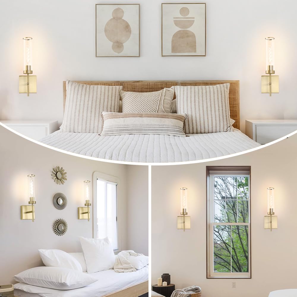 DSMJFU Gold Wall Sconce Set of 2, USB Rechargeable, Metal, 15.94in, Dimmable Glass Light Fixture, Model DX23082G1-CL-2