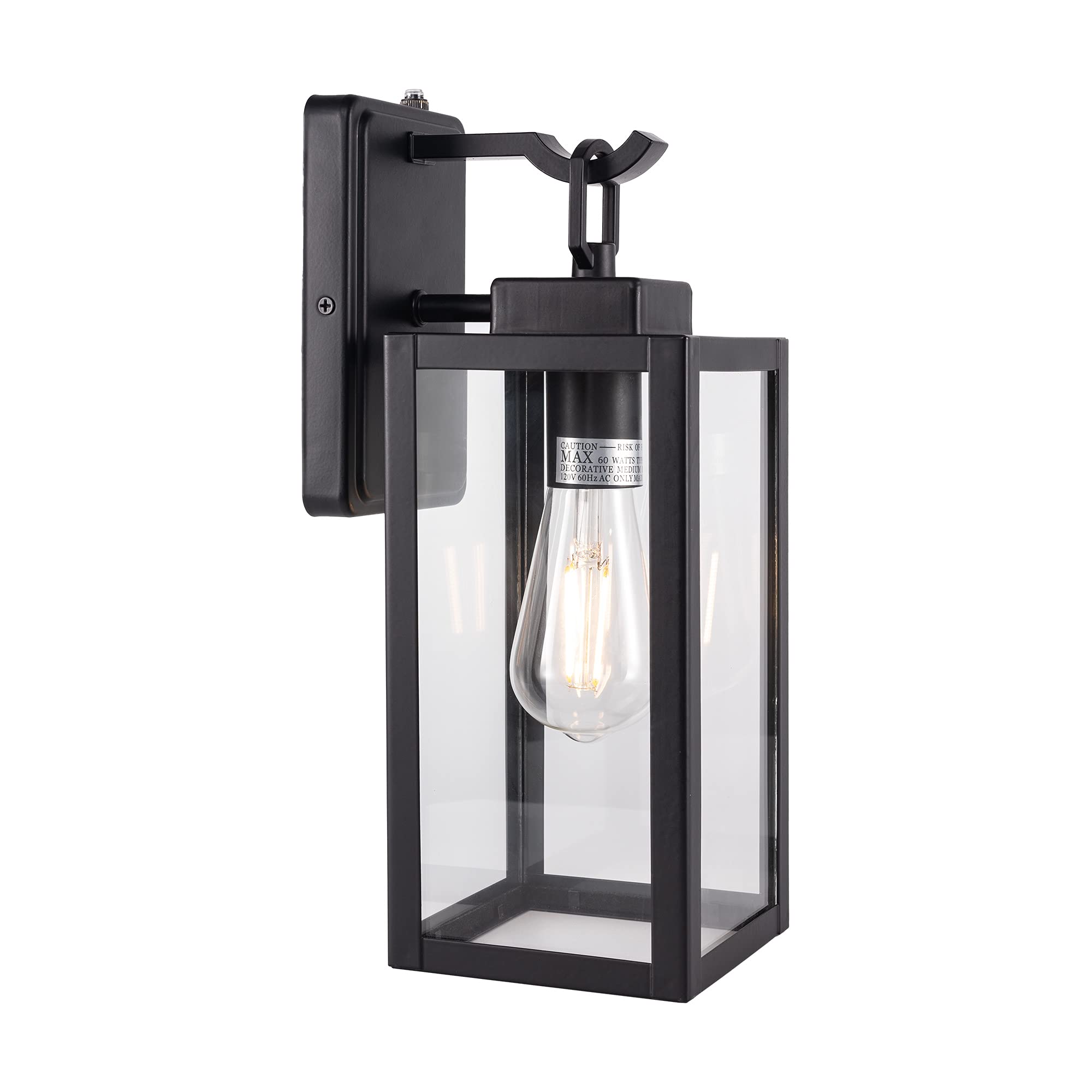 LIT-PaTH Outdoor Wall Lantern, Dusk to Dawn, E26 Max 60W, Anti-Rust Metal, Glass Shade, Black, 1-Pack, Model LT-WL025P