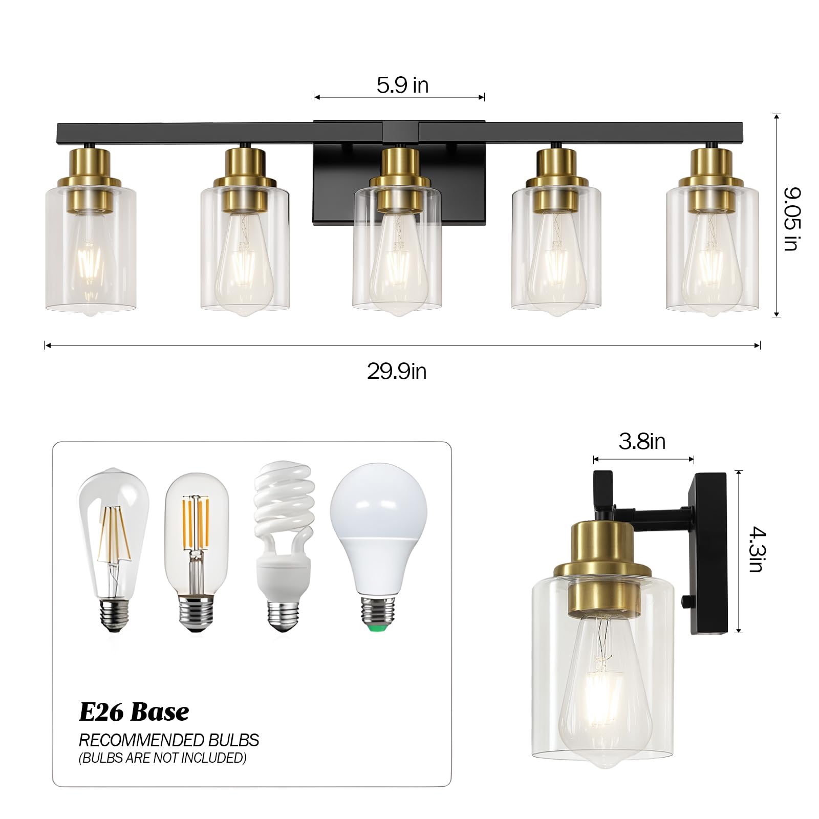 DIKAIDA 5-Light Black & Gold Bathroom Vanity Light Fixture, Modern Metal Design with Clear Glass Shade, Model BLBD-G-5, 30" Wide