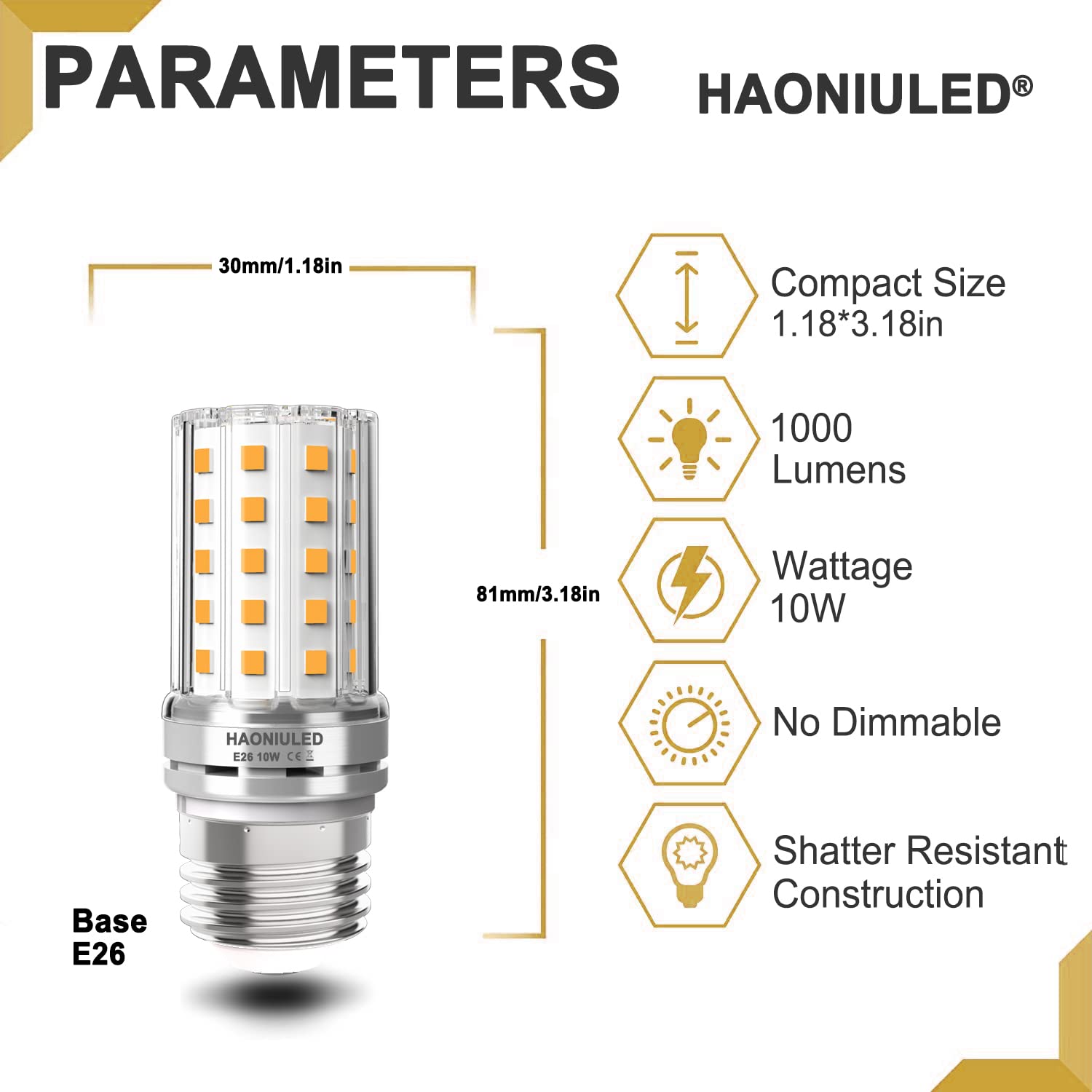 5 Pack, E26 Led Corn Light Bulbs, Warm White 3000K, 1000 Lumen, 100 Watt Equivalent Incandescent Bulbs, Non-Dimmable E26 Led Bul