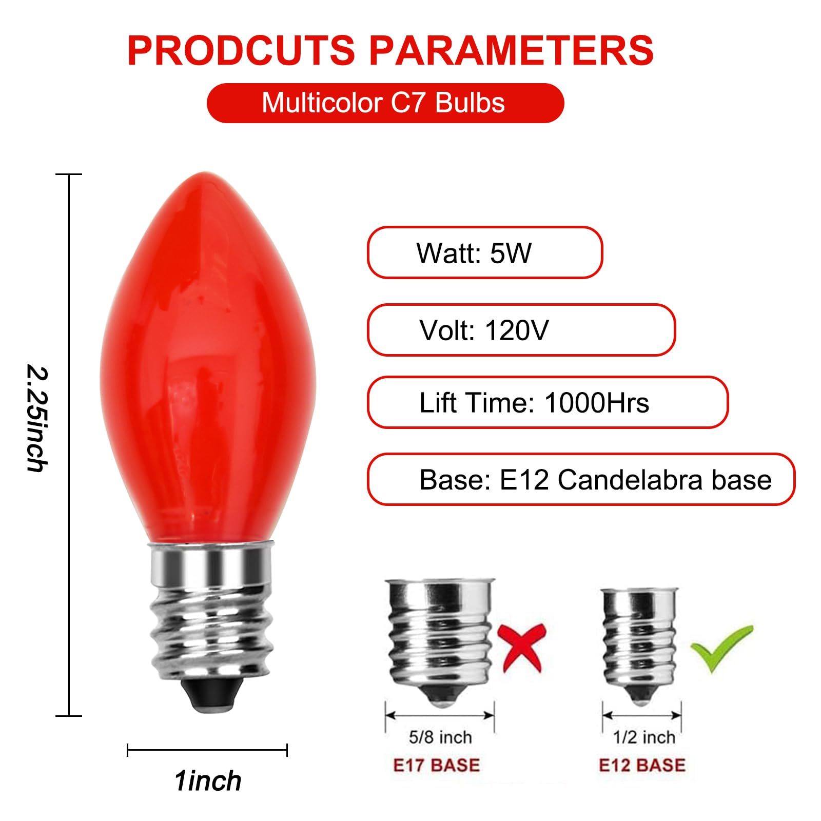 Bokoiuu C7 Replacement Light Bulbs, 25 Pack Christmas Red Night Light Bulbs, C7/E12 Candelabra Base For Outdoor String Light Inc