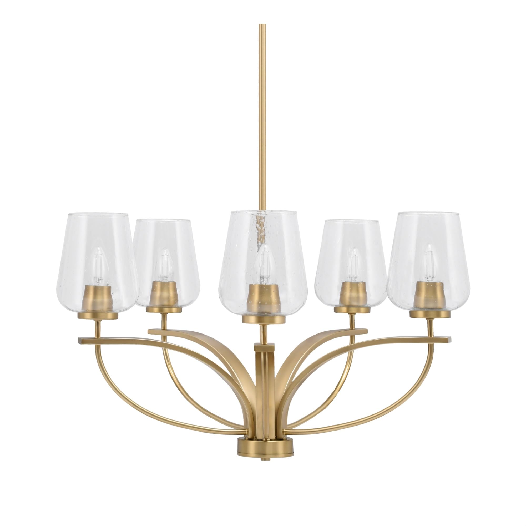 Toltec Lighting Cavella 5 Light, Uplight Chandelier, Hang Straight Swivel, New Age Brass Finish, 5&quot; Clear Bubble Glass
