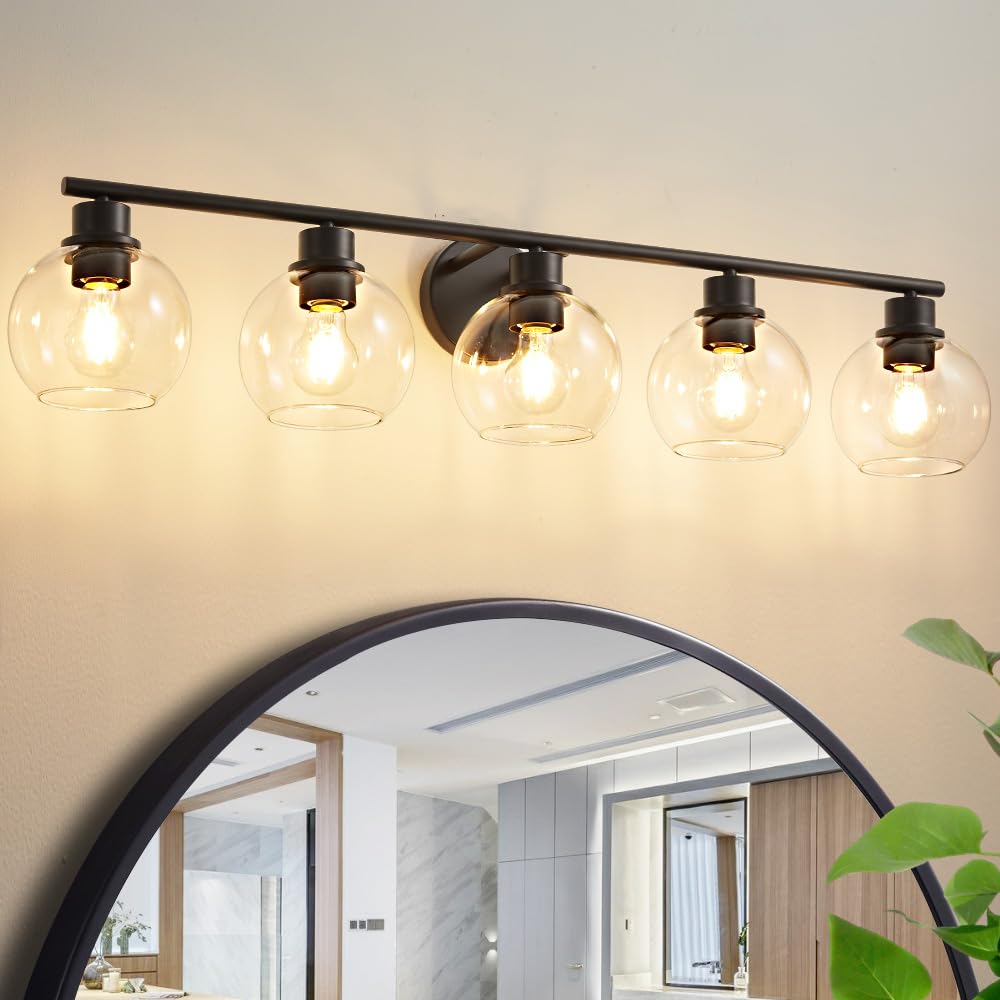 Lanmate 5-Light Bathroom Vanity Light Fixture, Modern Black Wall Sconce with Clear Glass Shades, 37.4 inch, Model L1746