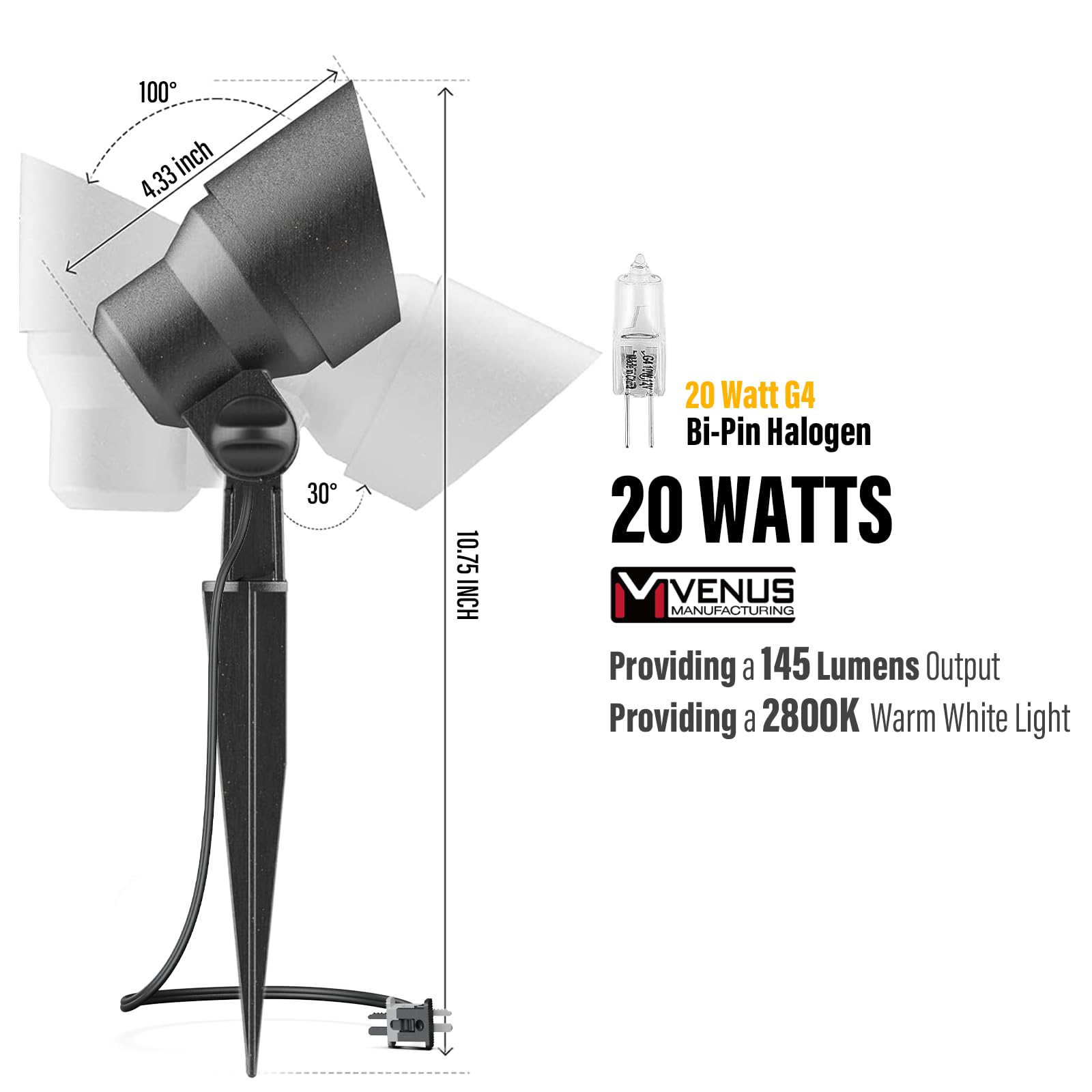 Venus Manufacturing 24 Pack Low Voltage Landscape Spotlight, 20W Halogen, Black, Waterproof