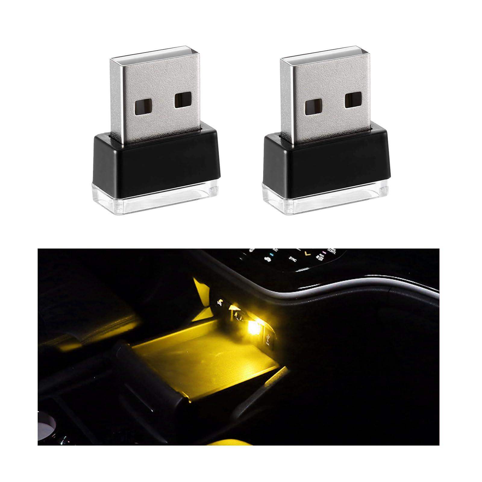 Sylvil 2 Pcs Usb Led Car Interior Atmosphere Lamp  Portable Mini Led Night Light  Plug-In Usb Interface Trunk Ambient Lighting Kit  Universal Interior Car Accessories (Yellow)