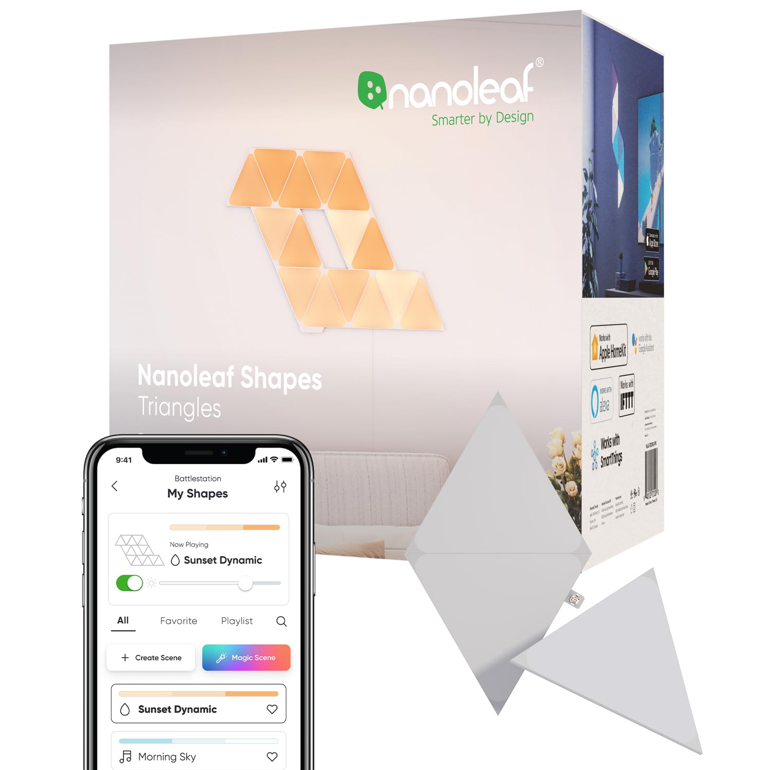 Nanoleaf Shapes Wifi And Thread Smart Rgbw 16M+ Color Led Dimmable Gaming And Home Decor Wall Lights Expansion Pack (Triangles (