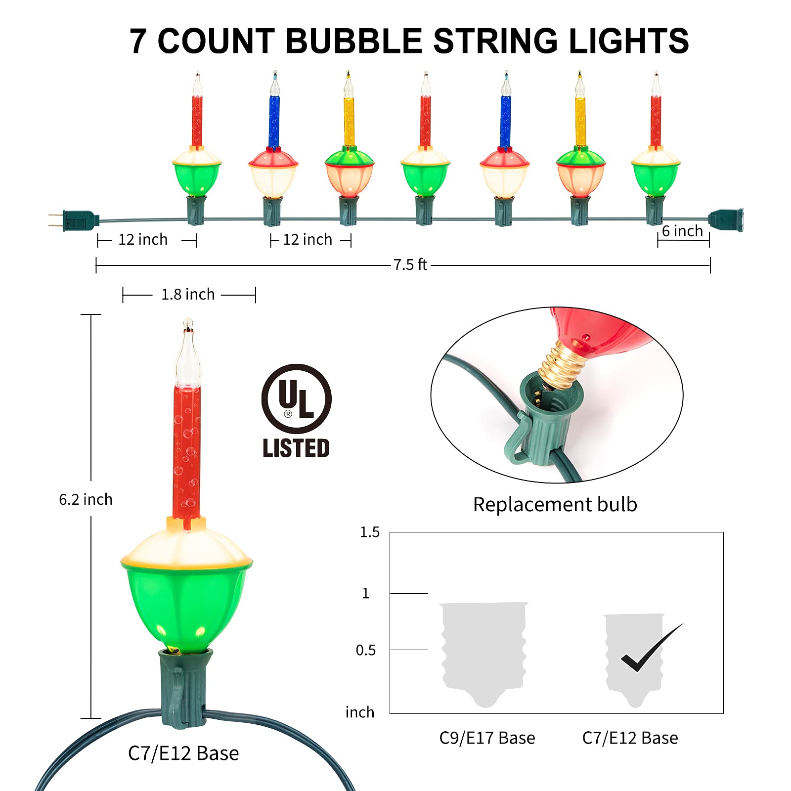 Brightown Multicolor Christmas Bubble Lights, 7 Clear Bulbs, UL Listed, Green Wire, Holiday Lighting