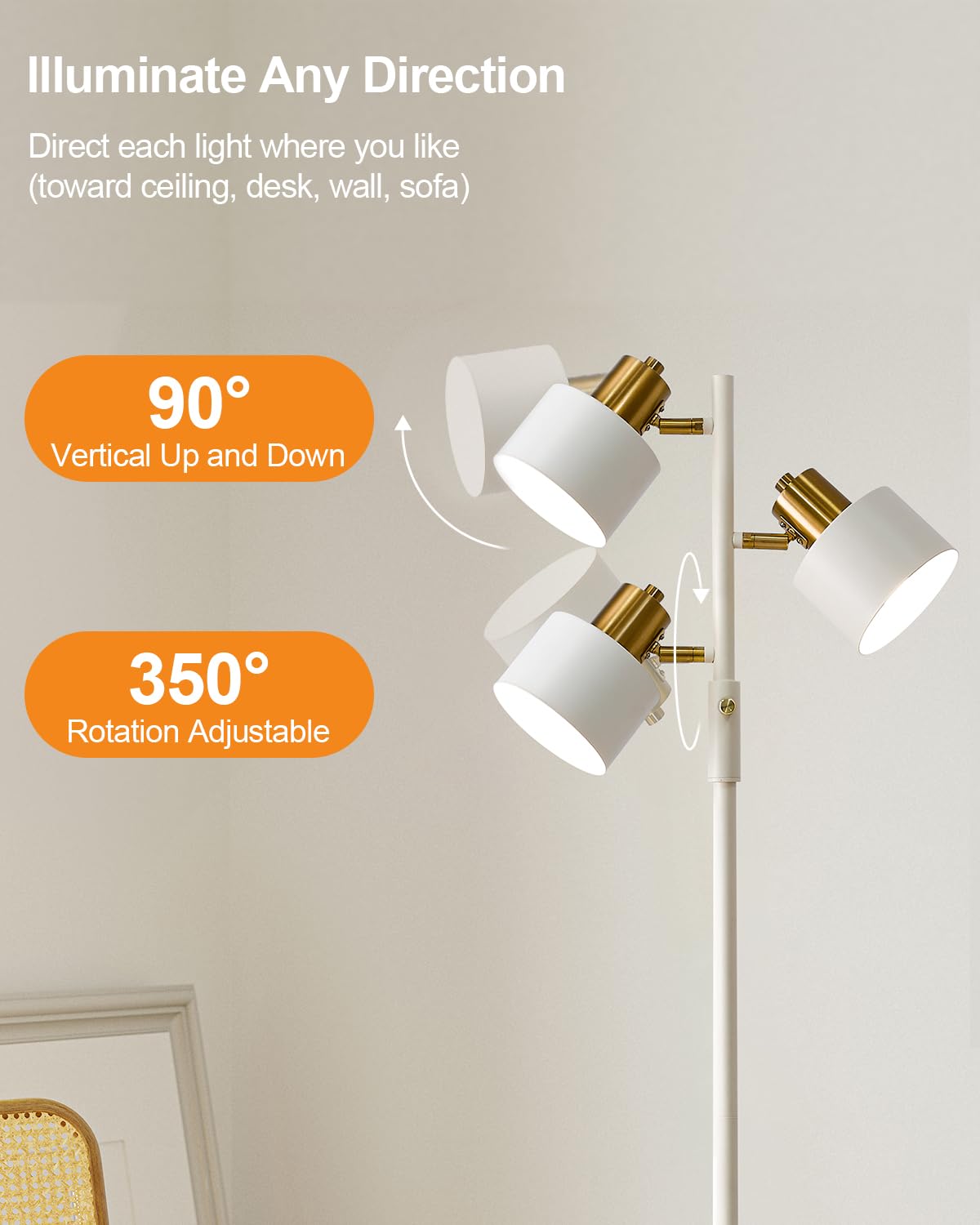 OYEARS Floor Lamp - 3-Light Modern Industrial LED Metal Light, Cream Color, Tall Standing Design for Living Room, Office, Bedroom