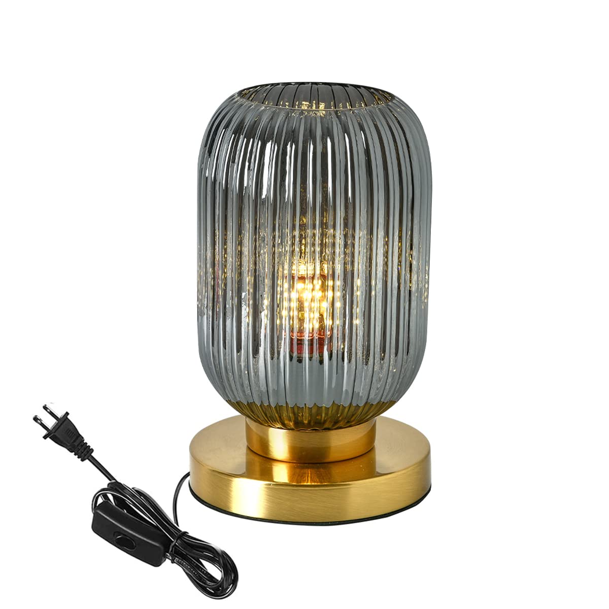 Auwieou Bedside Table Lamp Mid Century Glass Table Lamps Modern Globe Table Lamp Gold Desk Lamp Nightstand Lamp With Pumpkin Design With Ribbed Glass Shade For Bedroom Living Room Office (Smoke Gray)