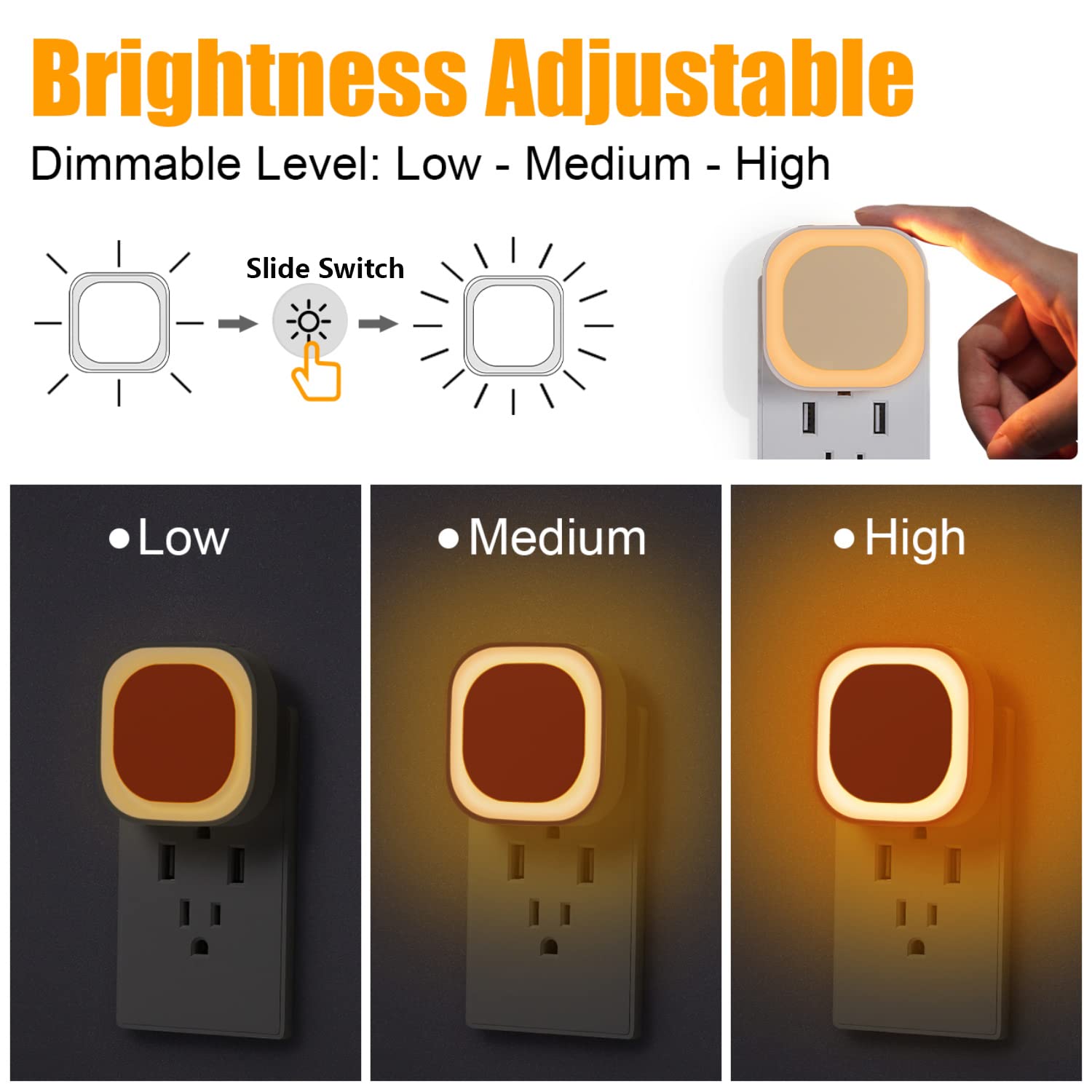 YUNLEX Dimmable Amber Night Light 4 Pack with Auto Dusk to Dawn Sensor, Soft Glow LED for Kids, Bathroom, Hallway, Bedroom, Model NLS21