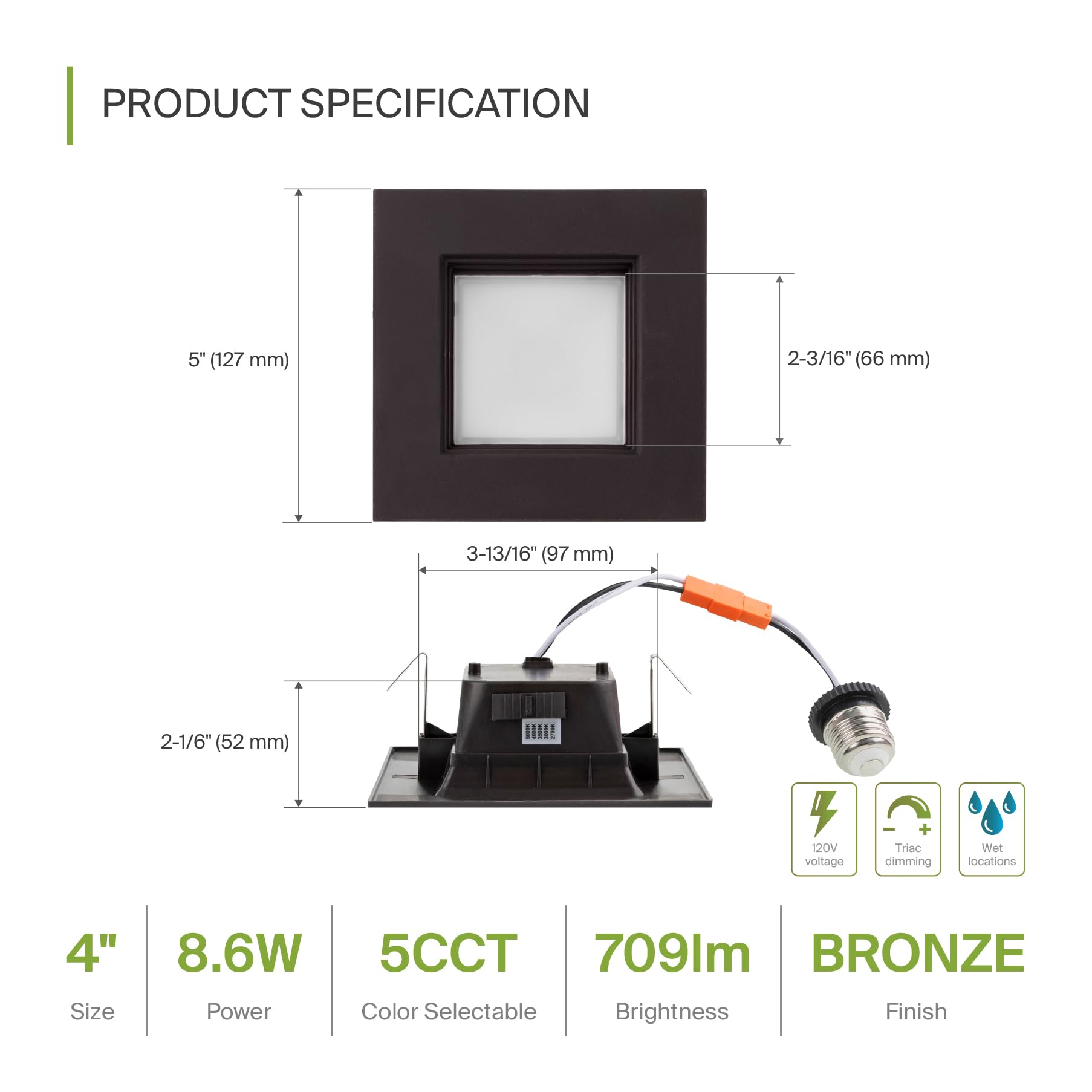 Asd Bronze 4 Inch Led Recessed Light Retrofit Kit Square 5Cct 2700K 3000K 3500K 4000K 5000K Color Adjustable 9W 709Lm Dimmable C