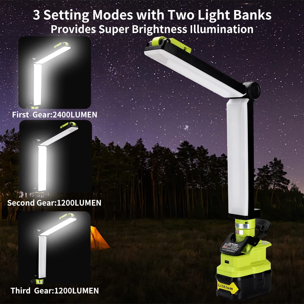 Choerinton Light 2400Lm Work Light Compatible With Ryobi 18V Battery Led Work Light Rechargeable Jobsite Light Rotating Flashlig