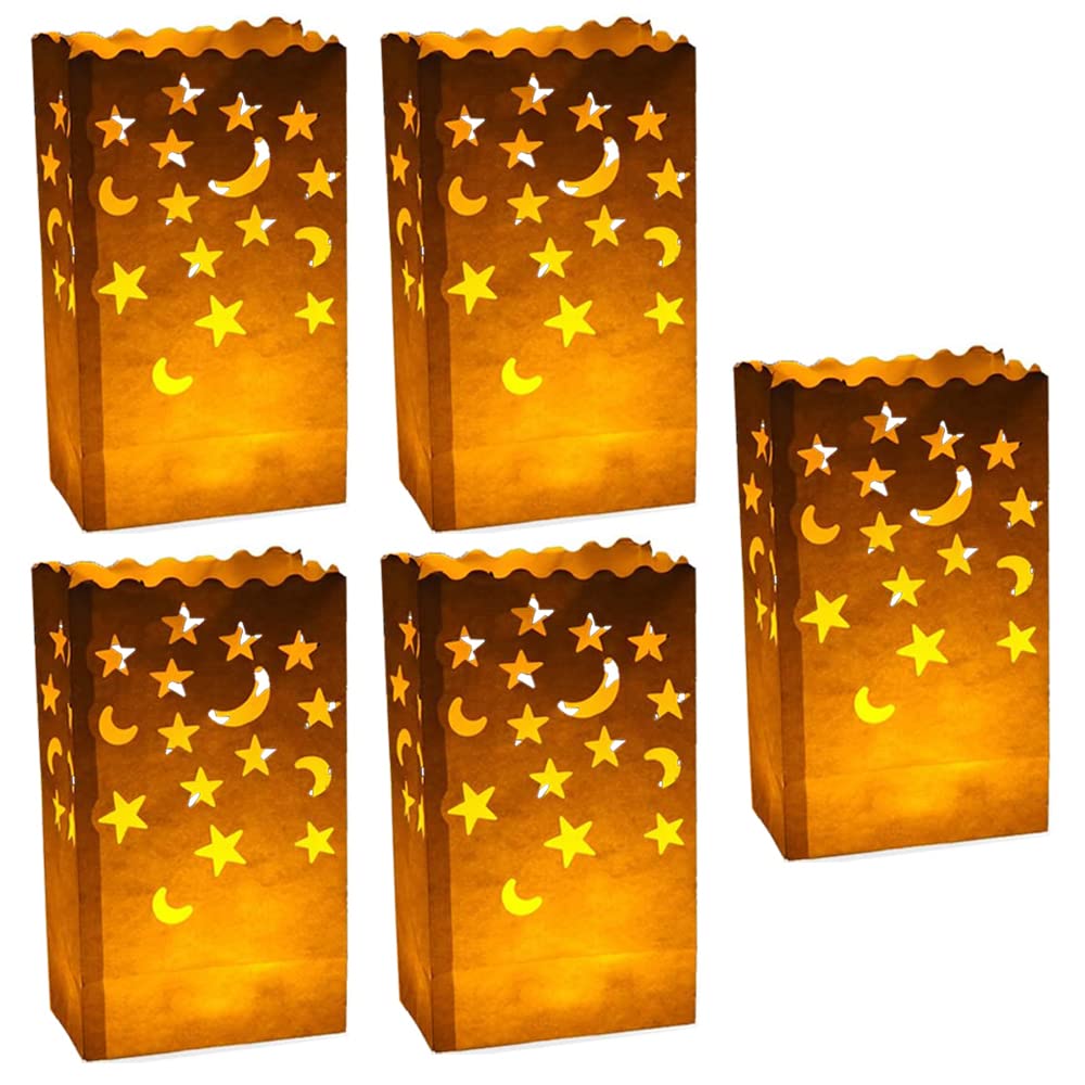 Stmarry 50 Pcs White Luminary Candle Bags Special Lantern Luminary Bag With Stars Moon Durable And Reusable Fire-Retardant Mater