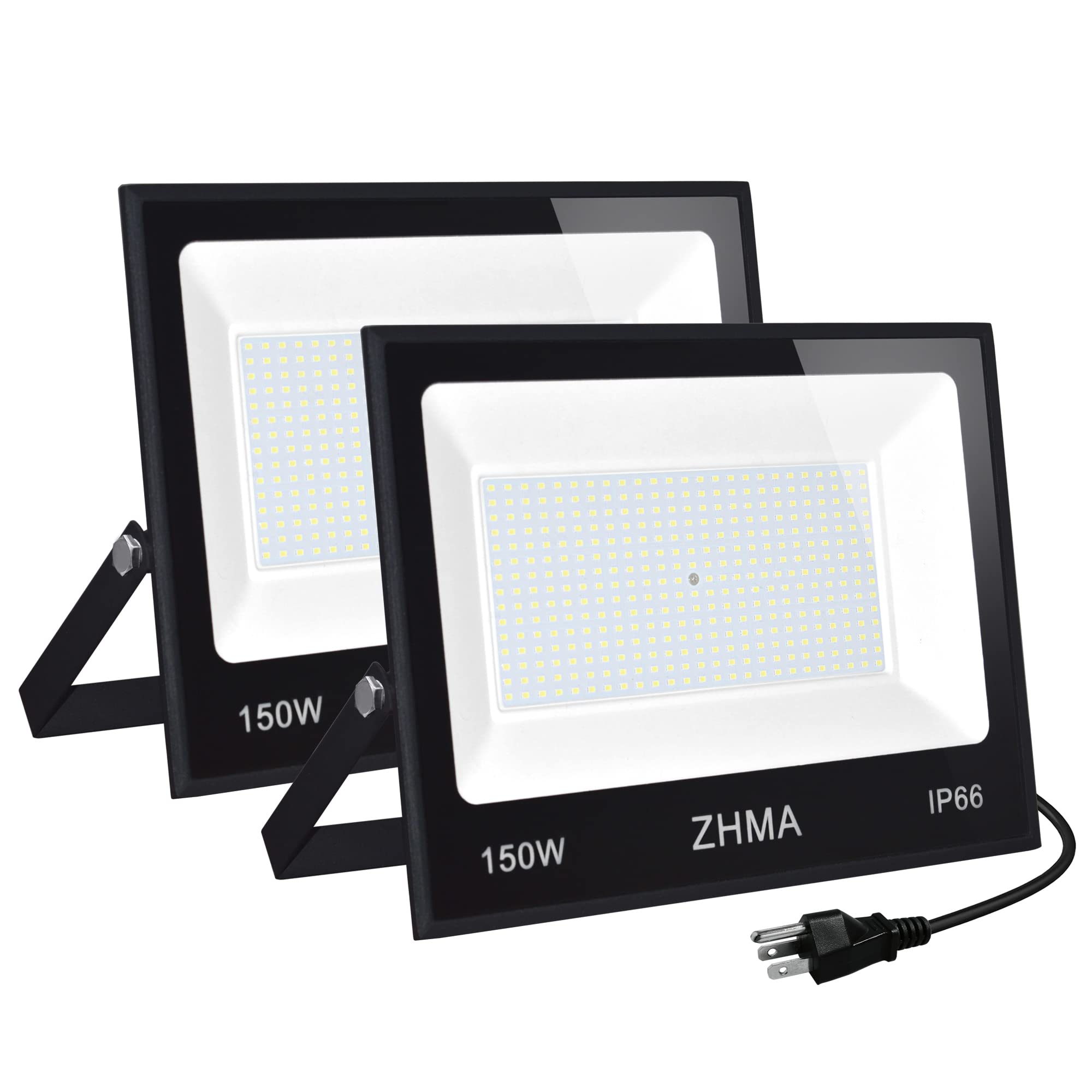 ZHMA 150W LED Flood Lights Outdoor, 12000LM, IP66 Waterproof, 6500K Daylight White, Black, 2 Pack