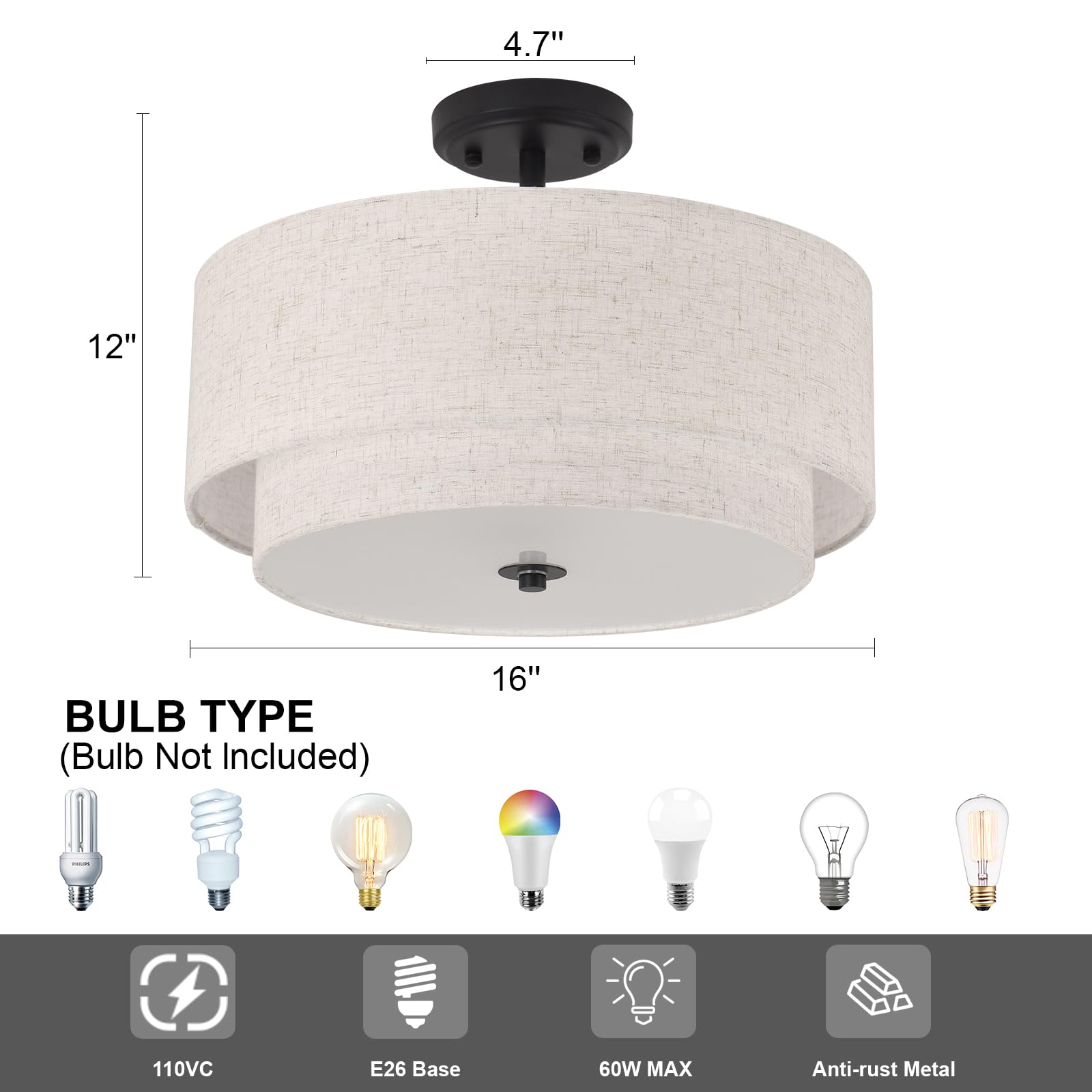 3-Light Semi Flush Mount Ceiling Light Fixture, 16" Black Drum Light Fixture With 2-Laye Fabric Shade Lamps, Modern Close To Ceiling Light For Bedroom Living Dining Room Kitchen Hallway Entryway