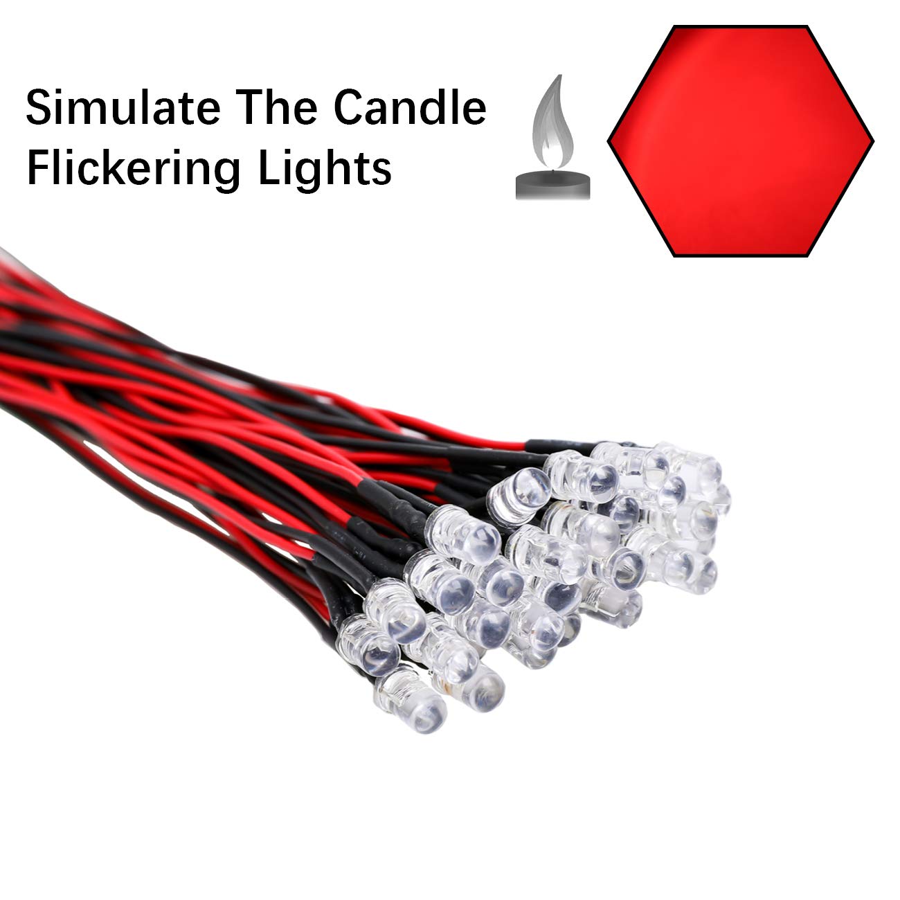 Edgelec 30Pcs 12 Volt 5Mm Red Flicker Led Lights Emitting Diodes (Candle Flickering Lights) Pre Wired 7.9 Inch Dc 12V Led Light Clear Lens Small Led Lamps