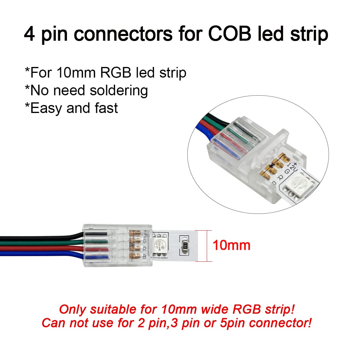Hamrvl 12 Pack Cob Led Strip Light Connectors, 4 Pin, Led Strip To Wire Solderless Transparent Track Lighting Adapter, 6M/19.68F
