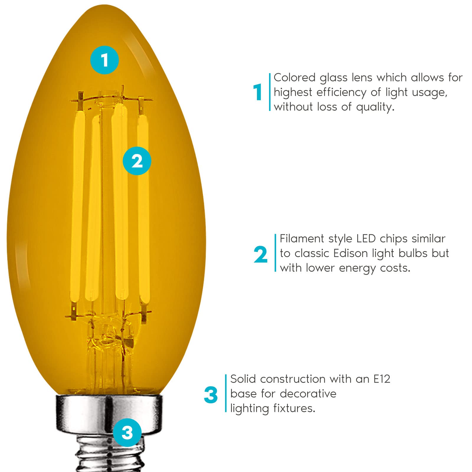 LUXRITE E12 LED Filament Yellow Light Bulbs, 4.5W, Glass, 6 Pack, UL Listed