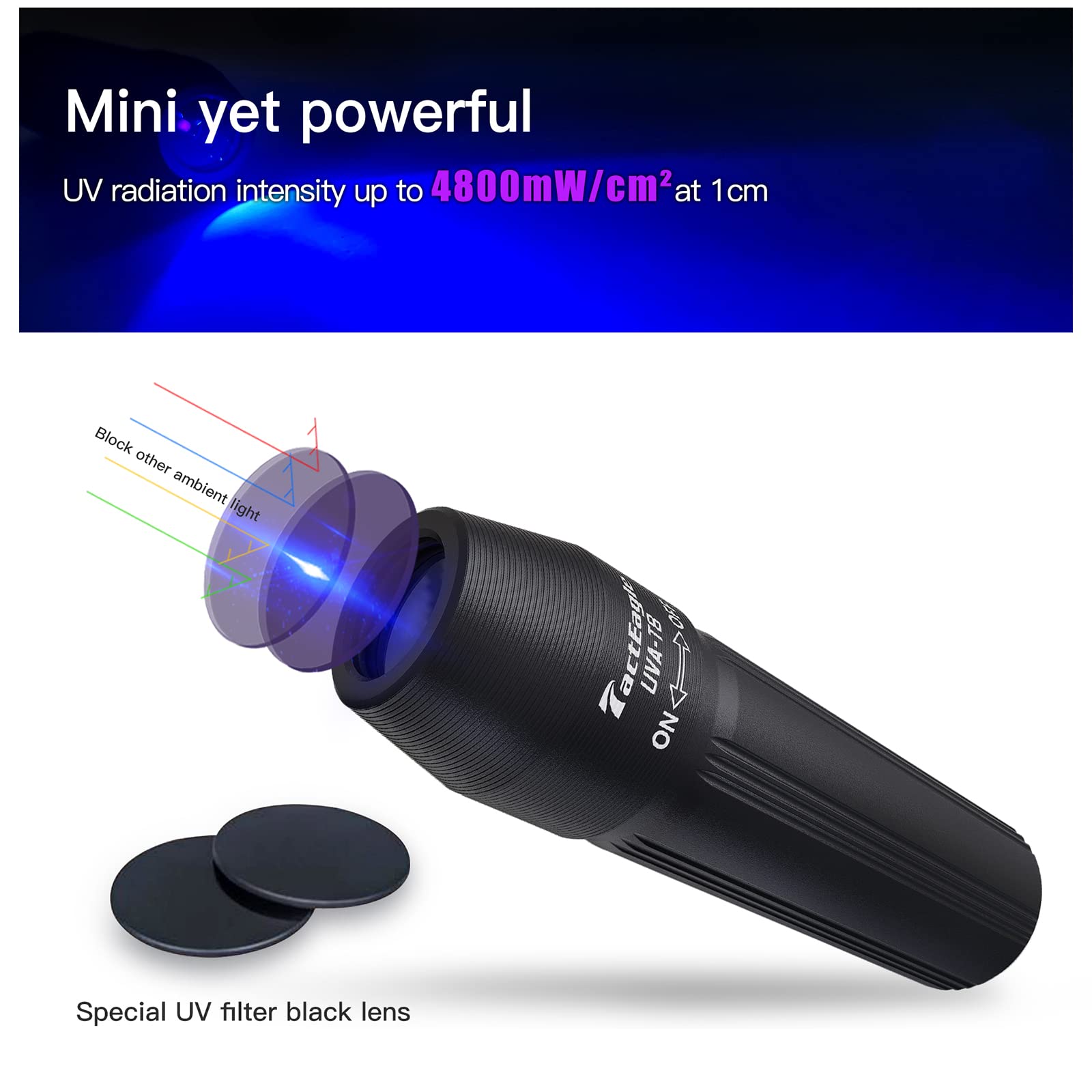 TactEagle 4Pack Mini Black Light UV Flashlight UVA-T8, Portable, Black, Aluminum, 365nm for Urine Detection & Scorpion Curing