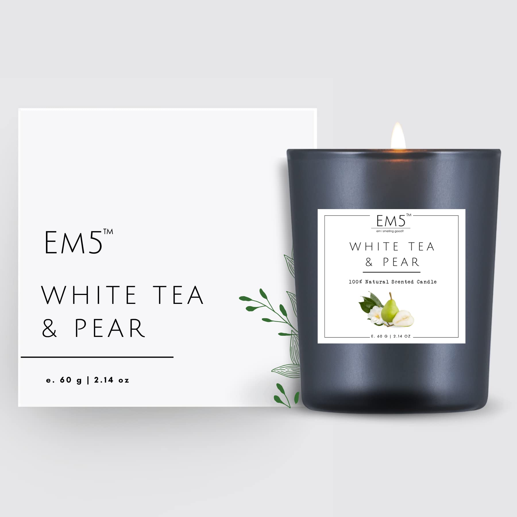 EM5 White Tea & Pear Fragrance Scented Candles for Home Dcor & Aromatherapy | Relaxing Aroma Candle | 60 Gm | Up to 20 Hours Bur