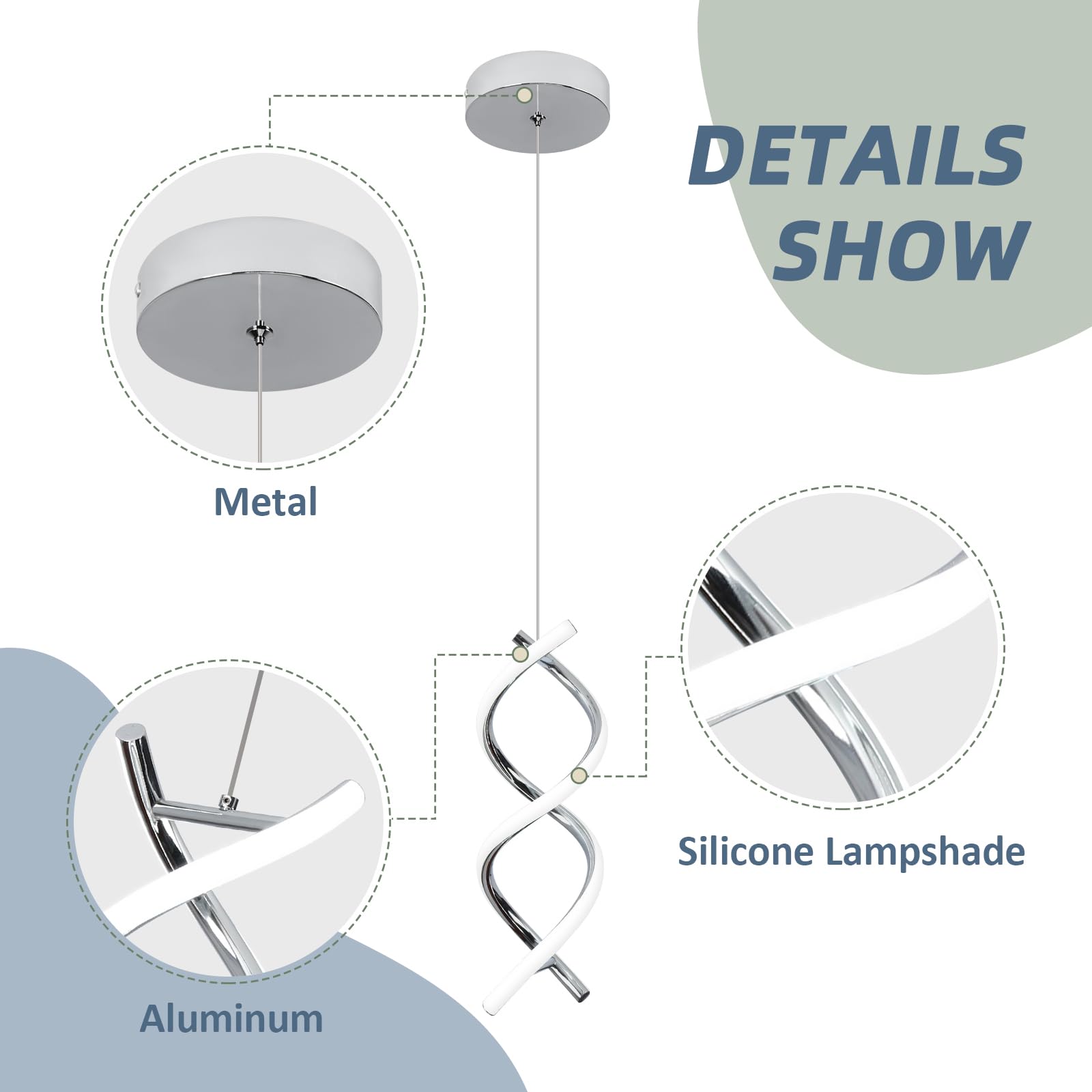 CANEOE Spiral LED Pendant Light Fixture, 15W Cold White, Adjustable Modern Lamp for Living Room, Chrome
