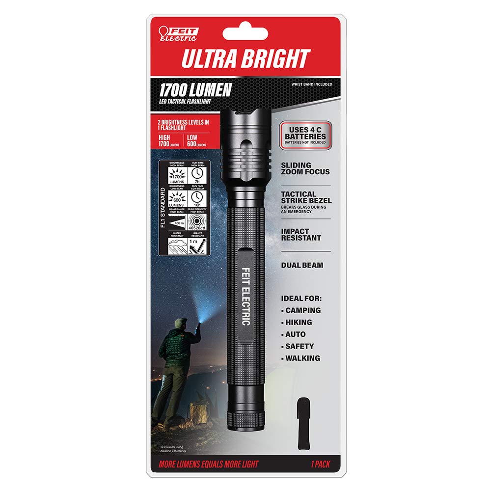 Feit Electric LED Tactical Flashlight - 1700 Lumens, Aluminum Alloy, Zoomable, 9.76 inches, Model FL1700
