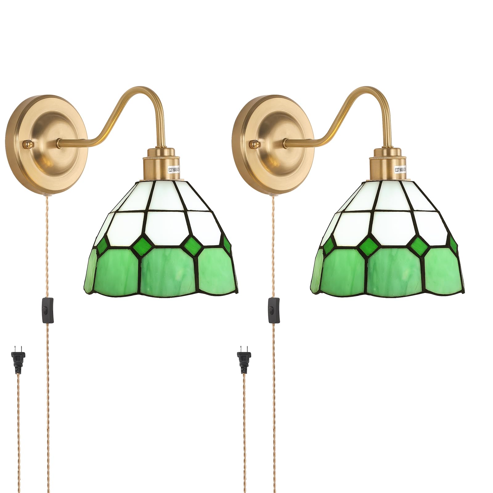 Shenmoyl Vintage Wall Sconces, 2 Light Plug in, Green White Checker Stained Glass Shade, Brass Fixture, Model 1-94191-wlamp