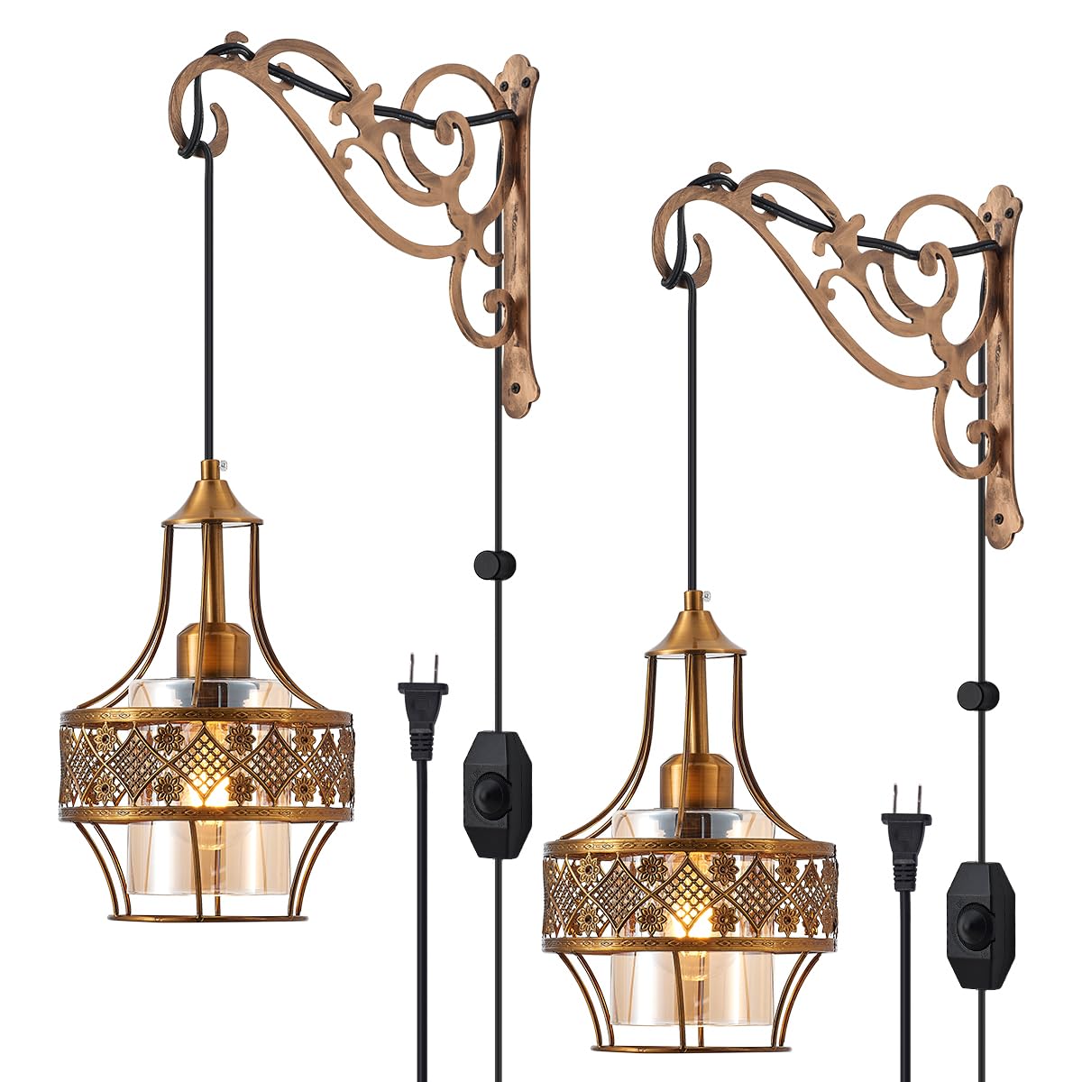 KAMTAT-ZS Boho Plug in Wall Sconces Set of Two,Dimmable Vintage Wall Hanging Lights with Plug in Cord with Gold Metal Arm,Wall M