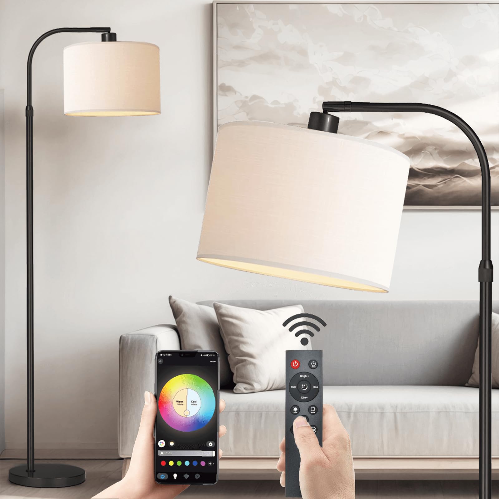 FINNCHY Black Floor Lamp with Remote Control, 1200 Lumens Adjustable Height Arc Floor Lamps for Living Room, Black Standing Lamp