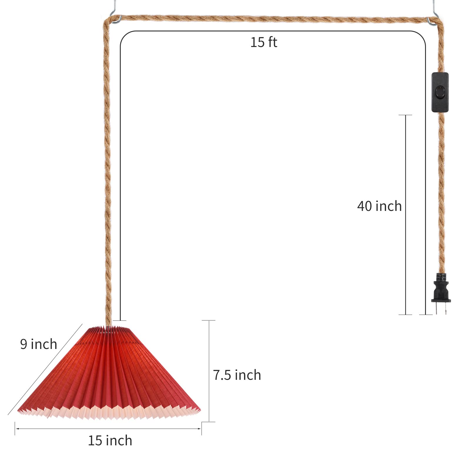 AOMICRON Plug-in Pendant Light, 15ft Hemp Rope Cord, Red Pleated Shade, Large, for Living Room, Bedroom, Kitchen, Dining Room