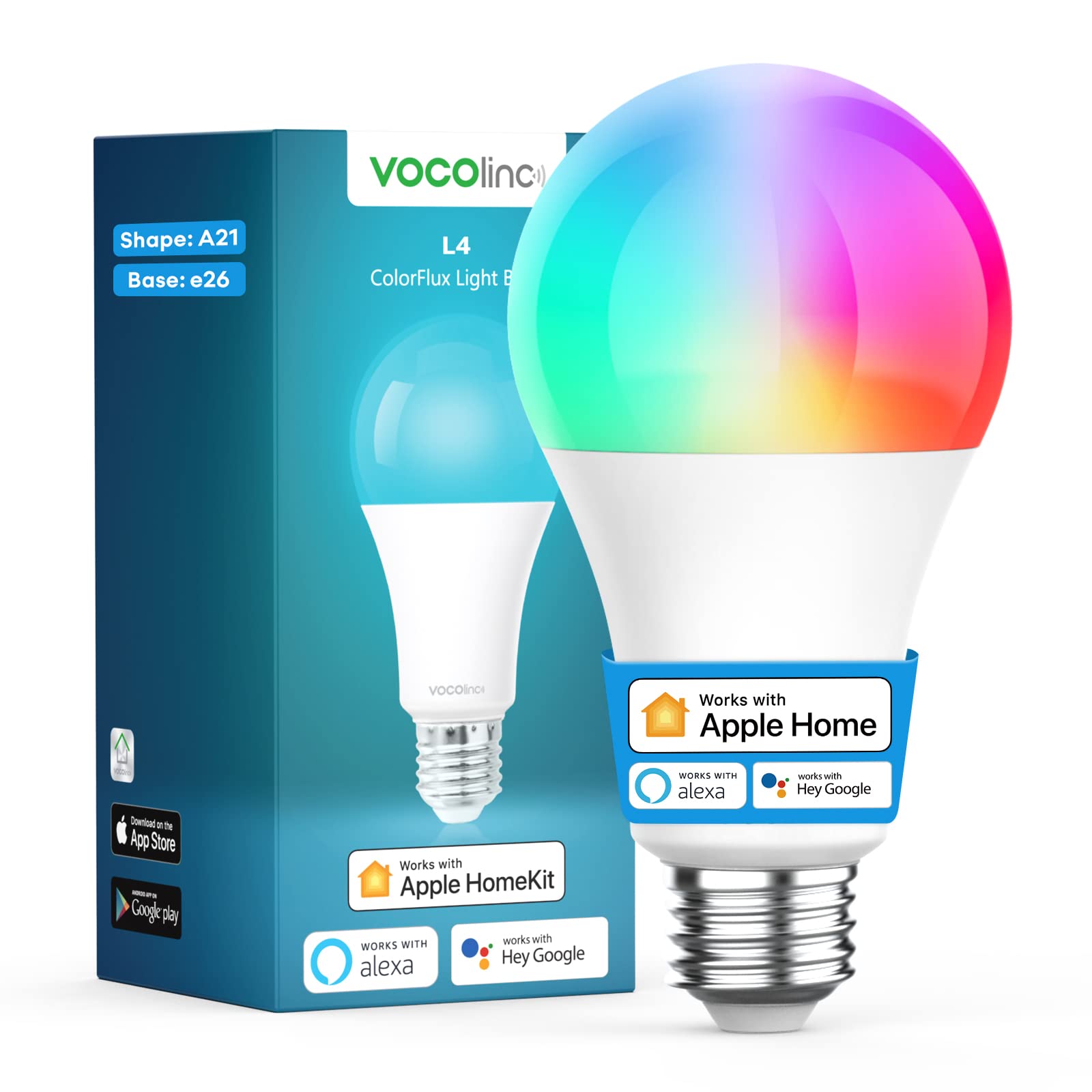 VOCOlinc Smart Light Bulb, Dimmable WiFi, E26 LED, 850 Lumens, 2200K-7000K RGBW, Model GU10, White,