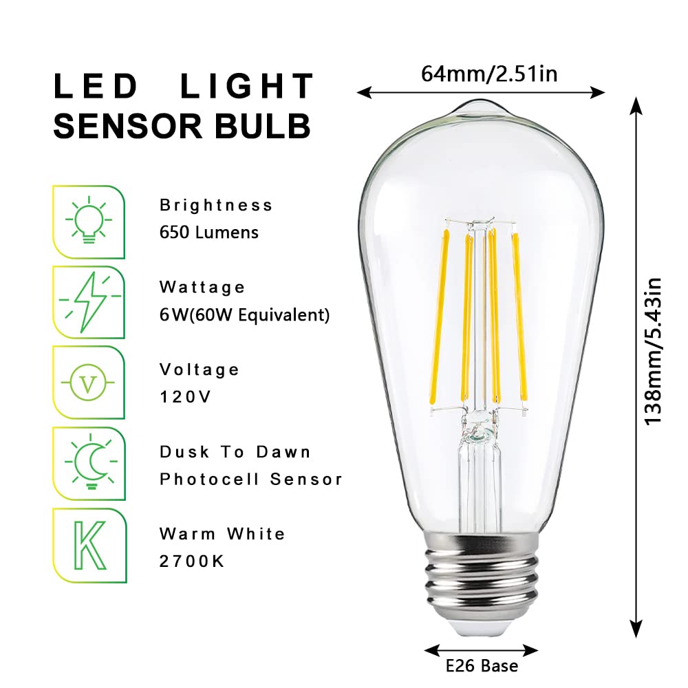 FAGUANGAO ST64 LED Dusk to Dawn Light Bulbs, 6W, 2700K Warm White, 650 Lumens, Glass, 4 Pack