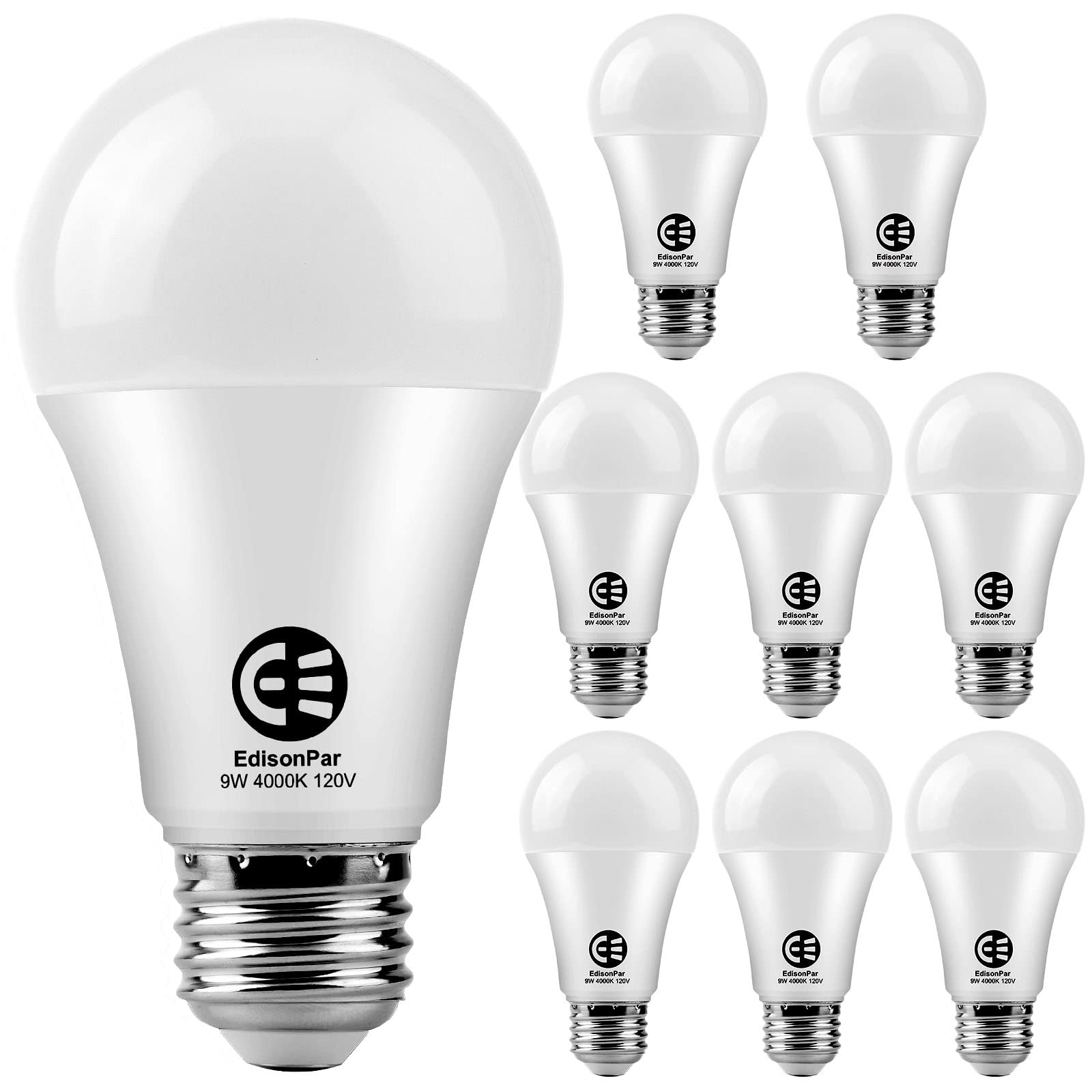 Edisonpar A19 8-Pack Led Light Bulbs, E26 Base 75W Equivalent 1000Lumens 4000K Neutral Daylight Light, Cool White (Cwf), Non-Dim