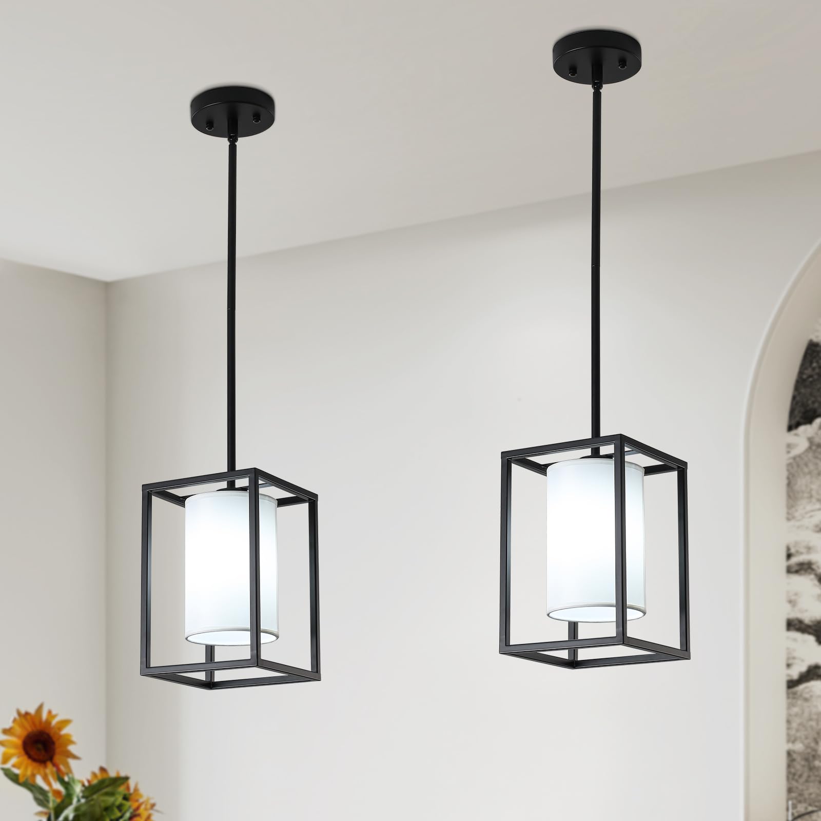 LWYTJO 2 Pack Black Pendant Lights Modern Lighting Fixtures Metal Ceiling Light for Kitchen, Dining Room, Foyer - Model BQ-ZJD00182