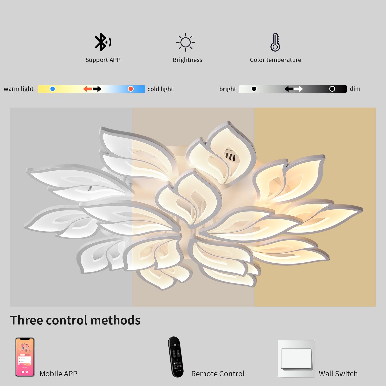 JAYMP Dimmable Flower Shaped Ceiling Light 39.4" LED Fixture, Remote Control, White/15 Petals, Model GB6105