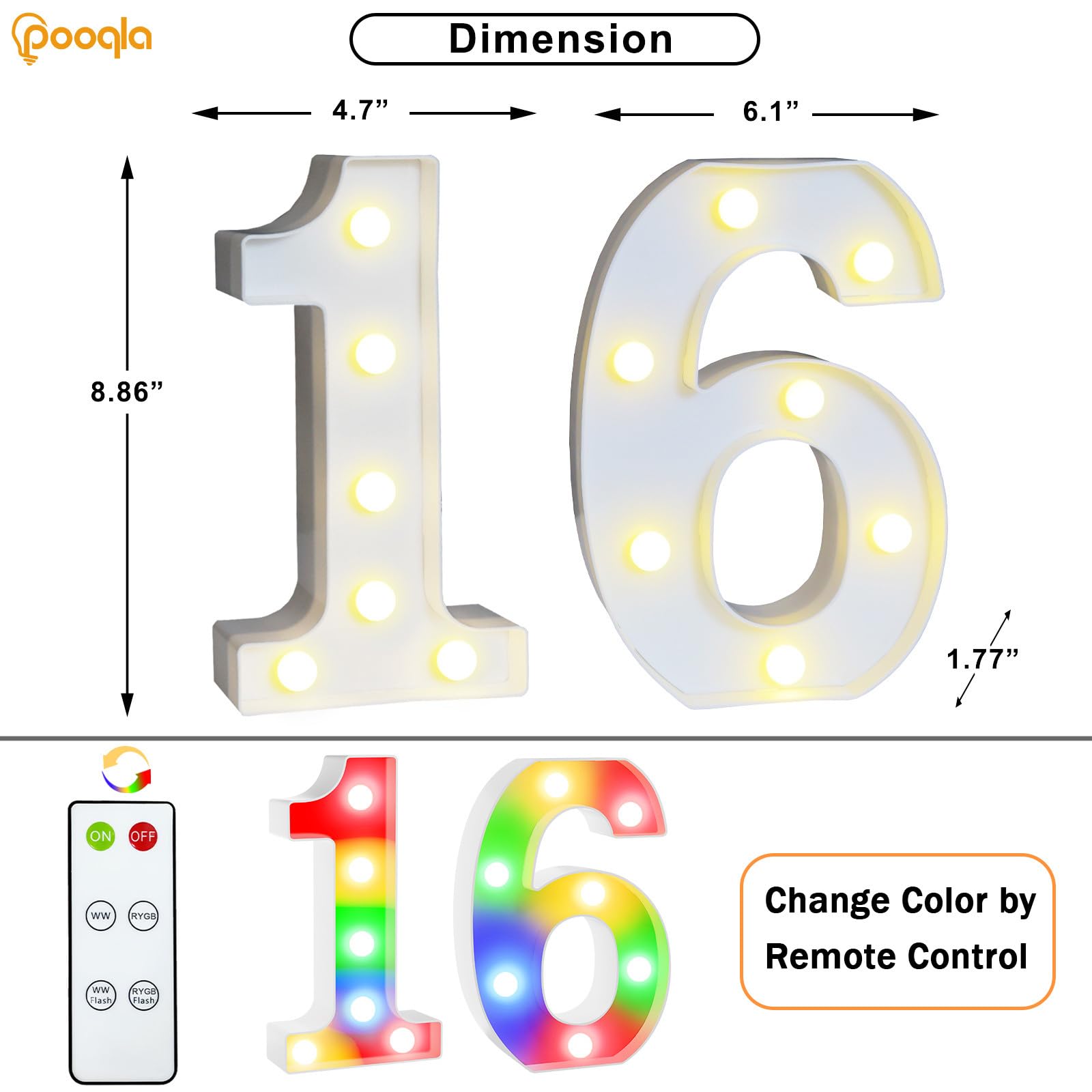 Pooqla 16Th Birthday Decoration For Girls Boys  Decorative Led Light Up Numbers  Marquee Numbers 16 Sign For Party Backdrop 16Th Wedding Anniversary Decor Gift  Warm White And Colorful Number 16