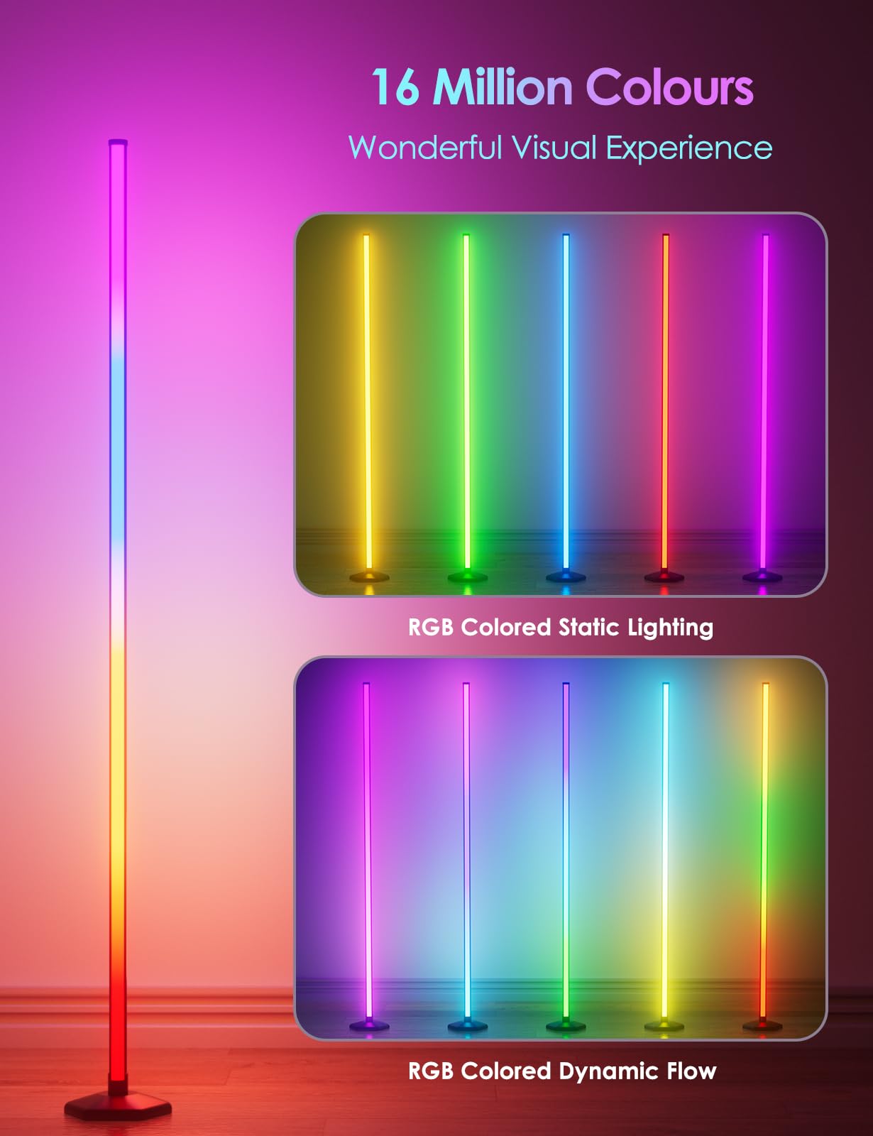YIKBIK RGB Corner Floor Lamp, 65in Color Changing LED, Music Sync, Bluetooth APP, Remote Control, Aluminum, 2PCS, Model QJD-LJDZ-2PCS