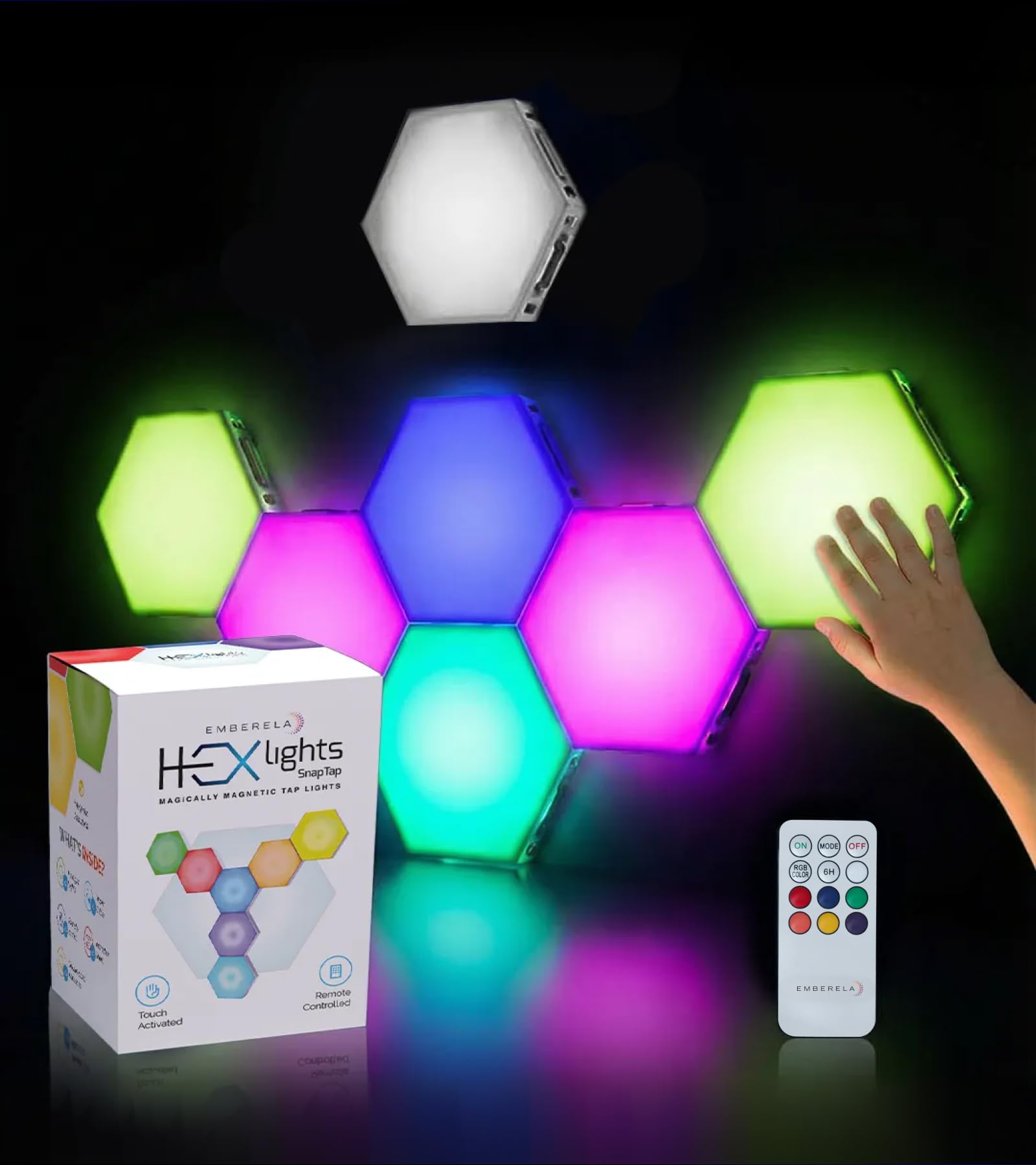 Emberela HEXlights SnapTap 7-pk Tap Tap Sensory Lights - Touch & Remote Controlled Multicolored Magnetic Hexagon Lights - Intera