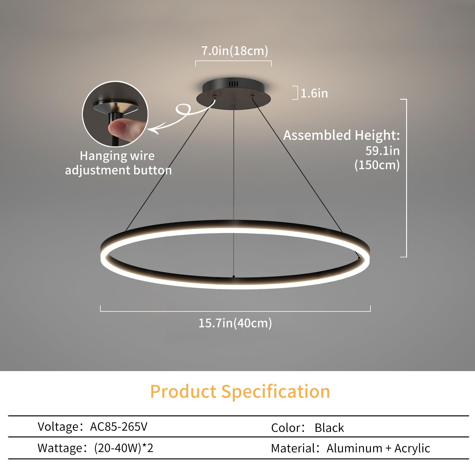 Mikeru Modern LED Chandelier Light with Remote Control, 3000K-6500K Adjustable, 15.7IN, E-Black, Aluminum